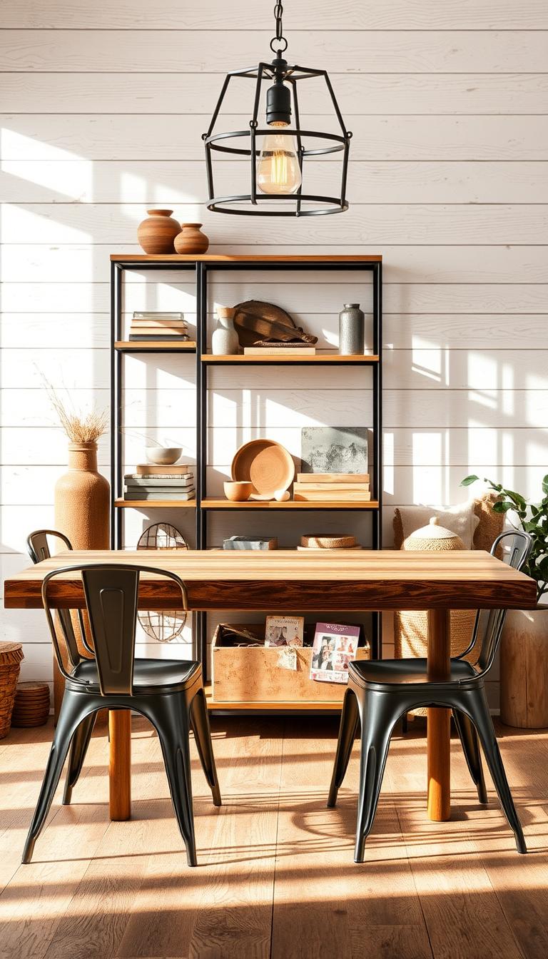 A rustic farmhouse-inspired vignette showcases a captivating blend of natural wood and sleek metal elements. In the foreground, a sturdy wooden table supports a pair of modern metal chairs, their clean lines contrasting beautifully with the weathered tabletop. Overhead, a pendant light fixture with an industrial-chic metal frame casts a warm, golden glow, illuminating the scene. In the middle ground, a vintage-inspired metal bookshelf displays a curated collection of weathered-wood decor pieces, creating a harmonious interplay of textures. The background features a whitewashed wood-paneled wall, adding depth and a sense of timelessness to the composition. Soft shadows and natural lighting contribute to the cozy, inviting atmosphere, perfectly capturing the essence of modern farmhouse style.