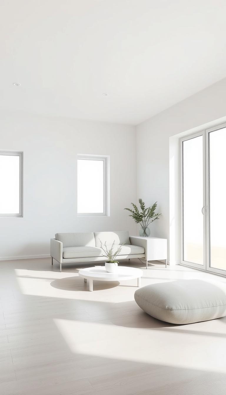 A serene, minimalist interior with clean lines and understated elegance. A simple, monochromatic palette of whites and greys creates a calming, harmonious ambiance. Soft, diffused lighting filters in through large windows, casting a warm, natural glow. Sparse, carefully curated decor elements, such as a sleek, low-profile sofa, a minimalist coffee table, and a single, potted plant, occupy the foreground, allowing the space to breathe. The background features bare, whitewashed walls and smooth, wooden flooring, further emphasizing the uncluttered, zen-like atmosphere. The composition is balanced, with a focus on negative space and a sense of visual lightness throughout. A serene, minimalist interior with clean lines and understated elegance. A simple, monochromatic palette of whites and greys creates a calming, harmonious ambiance. Soft, diffused lighting filters in through large windows, casting a warm, natural glow. Sparse, carefully curated decor elements, such as a sleek, low-profile sofa, a minimalist coffee table, and a single, potted plant, occupy the foreground, allowing the space to breathe. The background features bare, whitewashed walls and smooth, wooden flooring, further emphasizing the uncluttered, zen-like atmosphere. The composition is balanced, with a focus on negative space and a sense of visual lightness throughout.