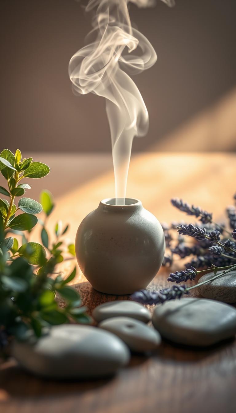 A serene still life arrangement featuring a small ceramic diffuser with gently billowing smoke, surrounded by fresh eucalyptus sprigs, dried lavender flowers, and a few smooth river stones. Soft, warm lighting casts a soothing glow, creating an atmosphere of tranquility and relaxation. The image is captured from a low angle, emphasizing the calming details and natural textures. The overall composition evokes a sense of mindfulness and helps transport the viewer to a peaceful, sanctuary-like setting.