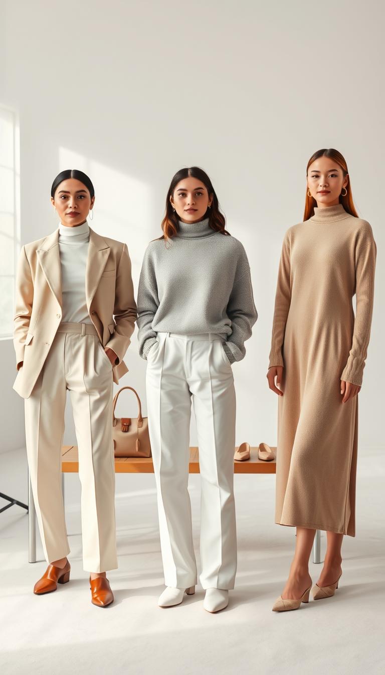 A serene studio backdrop featuring a well-lit space with soft, diffused natural light filtering through large windows. In the foreground, display three women in neutral minimalist outfits: a tailored beige blazer over a white fitted turtleneck paired with high-waisted, straight-leg trousers, a soft gray oversized sweater with light cream trousers, and a chic, taupe long-sleeve dress with a subtle silhouette. Their poses should convey confidence and ease, accentuated by their poised expressions. In the middle, a simple wooden bench holds a stylish handbag and a pair of neutral shoes, enhancing the minimalist aesthetic. The overall atmosphere should evoke calm sophistication, focusing on clean lines and a muted color palette to inspire a sense of effortless elegance in everyday casual wear.