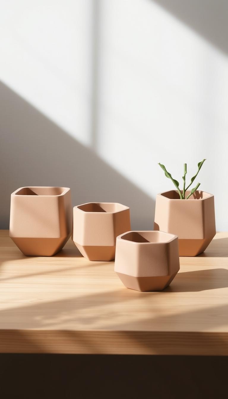 A simple, modern set of minimalist planters, each with a clean, geometric form and a matte, earthen finish. The planters are arranged neatly on a smooth, wooden surface, bathed in soft, natural lighting that casts gentle shadows. The overall composition exudes a sense of tranquility and understated elegance, perfectly suited for a minimalist home decor style.