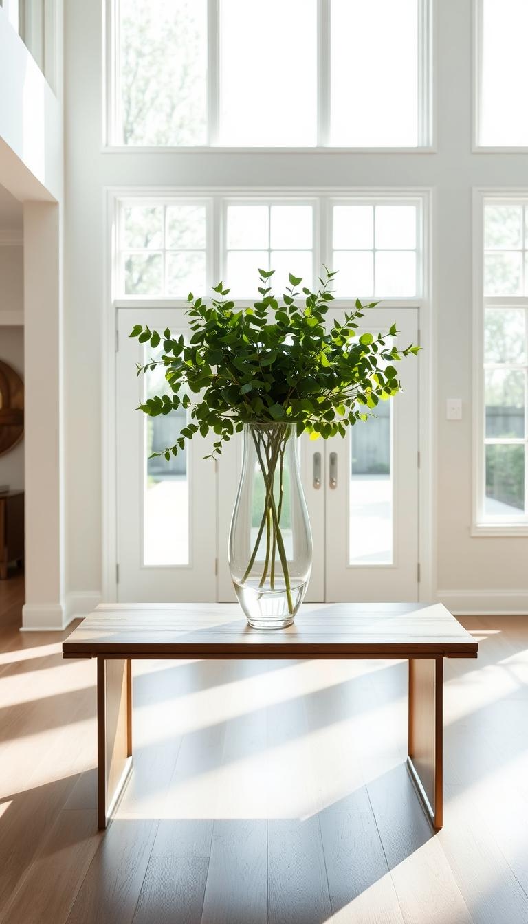 A sleek, modern console table stands elegantly in the center of a bright, airy entryway. The table's smooth, wooden surface is adorned with a tall, sculptural glass vase filled with lush, verdant foliage. Soft, diffused light from large windows bathes the space in a warm, natural glow, casting gentle shadows that accentuate the table's clean lines and the vase's graceful silhouette. The overall atmosphere is one of refined simplicity and understated sophistication, creating an inviting and visually compelling focal point for the entryway.