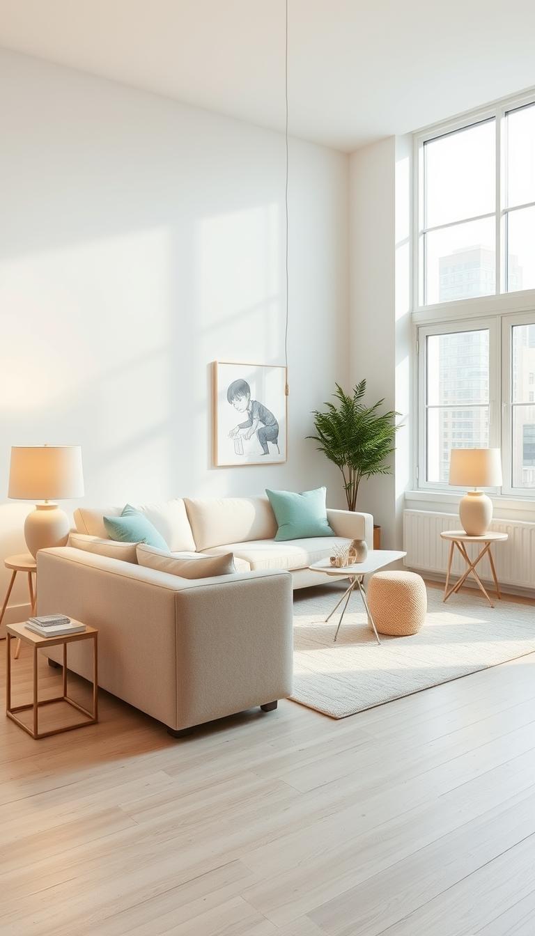 A soft, light-filled color palette in a minimal interior setting. An airy living room with large windows, allowing natural daylight to flood the space. Pale wood floors and a plush, neutral-toned sofa set the foundation. Accents of soft blues, greens, and pinks add gentle pops of color, creating a calming, serene atmosphere. Diffused lighting from table lamps and a central pendant fixture casts a warm glow, while the overall composition maintains a sense of openness and tranquility. The scene conveys a bright, inviting ambiance suitable for a small, sophisticated urban apartment. A soft, light-filled color palette in a minimal interior setting. An airy living room with large windows, allowing natural daylight to flood the space. Pale wood floors and a plush, neutral-toned sofa set the foundation. Accents of soft blues, greens, and pinks add gentle pops of color, creating a calming, serene atmosphere. Diffused lighting from table lamps and a central pendant fixture casts a warm glow, while the overall composition maintains a sense of openness and tranquility. The scene conveys a bright, inviting ambiance suitable for a small, sophisticated urban apartment.