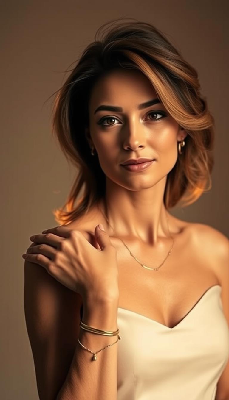 A sophisticated woman stands in a softly lit, elegant setting, her face framed by a cascade of luxurious hair. Her minimalist gold jewelry - a delicate necklace, slender bracelet, and simple earrings - accentuates her refined style. The lighting casts a warm, flattering glow, highlighting the quality of her accessories. Her expression is one of quiet confidence, conveying the essence of effortless sophistication. The background is a muted, neutral palette, allowing the woman and her carefully curated look to take center stage.
