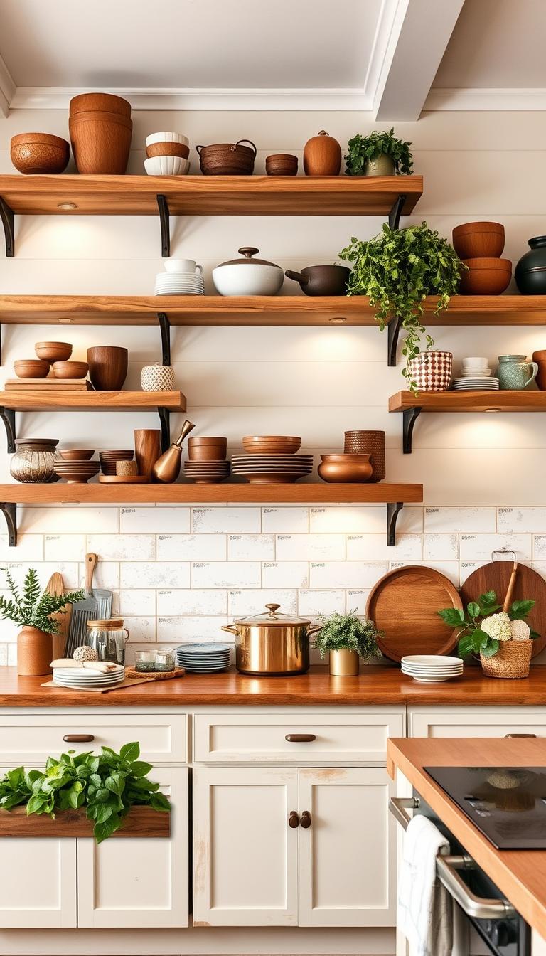 A spacious, rustic farmhouse kitchen with natural wood open shelving, adorned with an array of earthenware, copper cookware, and lush greenery. The shelves are illuminated by soft, warm lighting, casting a cozy, inviting glow. The background features white shiplap walls and a vintage-inspired tile backsplash, complementing the overall farmhouse aesthetic. The shelves are arranged in a visually pleasing, asymmetrical layout, creating a sense of balance and harmony. The image conveys a feeling of relaxed, modern farmhouse charm.