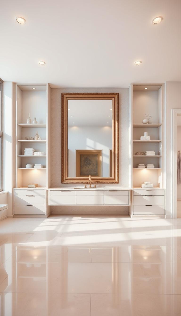 A spacious, well-lit bathroom with a large, elegantly framed mirror taking center stage. The mirror is surrounded by sleek, minimalist shelving units, providing ample storage and display space for decorative items. The floor is covered in polished, light-colored tiles, reflecting the soft, natural light that streams in through large windows. The walls are painted in a soothing, neutral color palette, creating a serene and spa-like atmosphere. Subtle, recessed lighting fixtures illuminate the space, casting a warm, ambient glow. The overall design is a harmonious blend of modern and timeless elements, showcasing a stylish and functional bathroom makeover. A spacious, well-lit bathroom with a large, elegantly framed mirror taking center stage. The mirror is surrounded by sleek, minimalist shelving units, providing ample storage and display space for decorative items. The floor is covered in polished, light-colored tiles, reflecting the soft, natural light that streams in through large windows. The walls are painted in a soothing, neutral color palette, creating a serene and spa-like atmosphere. Subtle, recessed lighting fixtures illuminate the space, casting a warm, ambient glow. The overall design is a harmonious blend of modern and timeless elements, showcasing a stylish and functional bathroom makeover.