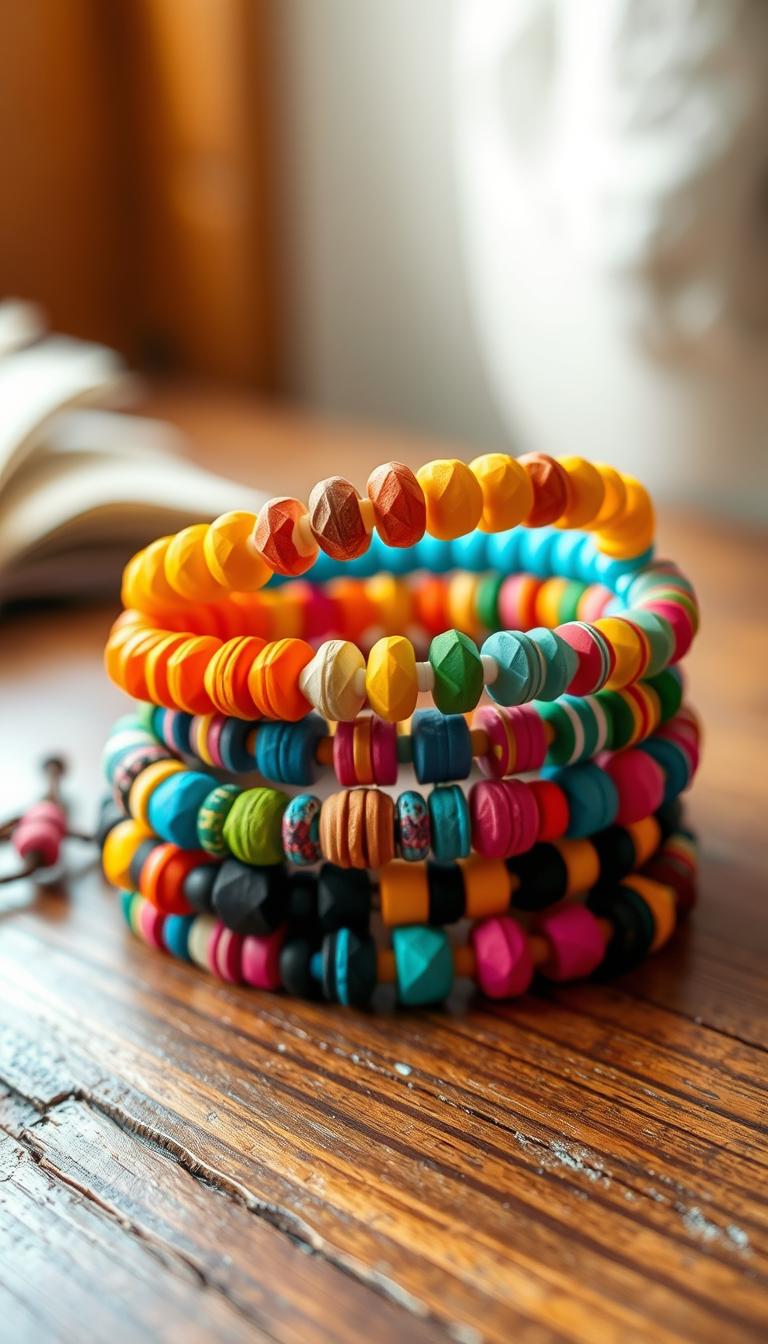 A stack of vibrant, handmade paper bead bracelets in various colors and patterns, arranged on a wooden surface with a natural, rustic texture. The bracelets are illuminated by warm, diffused lighting, casting soft shadows and creating a cozy, inviting atmosphere. The foreground features the intricately crafted beads, each one unique, with intricate details and textures. The middle ground showcases the bracelets in a visually appealing composition, while the background remains softly blurred, allowing the focus to remain on the beautiful paper crafts. The overall mood is one of creativity, simplicity, and the joy of DIY projects.