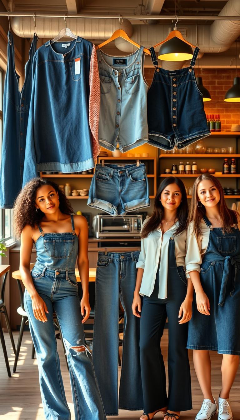 A stylish and inviting scene showcasing various women's denim outfits in a casual everyday setting. In the foreground, a diverse group of three women of different ethnicities showcase a range of denim styles: high-waisted jeans paired with fitted tops, a denim skirt with a chic blouse, and a classic denim jacket over a casual dress. In the middle, a selection of hanging denim pieces is featured prominently, including flared jeans, distressed shorts, and a denim overall. The background features a cozy urban coffee shop with warm, natural light illuminating the room, enhancing the relaxed atmosphere. A shallow depth of field captures the details of the denim textures while keeping a soft focus on the background, evoking a trendy and carefree vibe perfect for everyday casual inspiration.