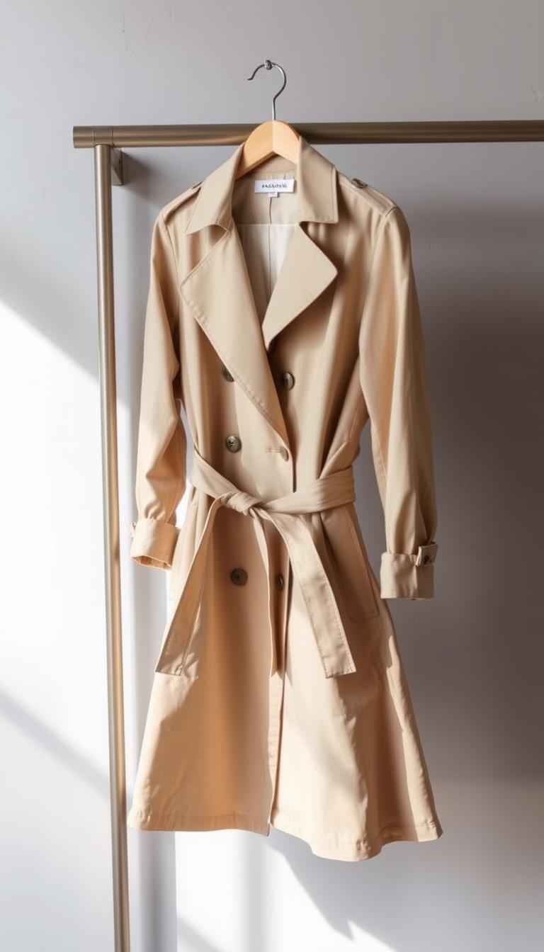A stylish, lightweight trench coat in a neutral beige or tan color, made from a breathable, water-resistant fabric, hanging gracefully on a clothes rack against a minimalist, soft gray background. The coat has a classic, tailored silhouette with subtle details like a belted waist, lapels, and a slightly A-line shape. The lighting is natural and diffused, creating a warm, inviting atmosphere that showcases the coat's versatility and timeless appeal as a wardrobe essential.