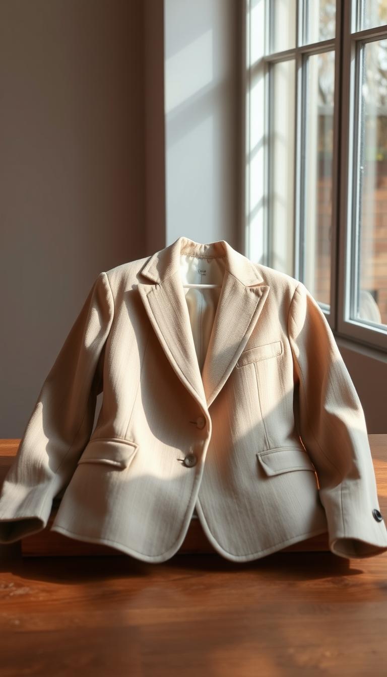 A stylish, neutral-toned oversized blazer in a soft, textured fabric rests on a wooden surface, the light from a large window casting a warm, natural glow across the fabric. The blazer is the central focus, showcased against a minimalist background with muted tones and subtle visual interest. The image conveys a sense of effortless sophistication, highlighting the blazer as a versatile, timeless wardrobe essential.
