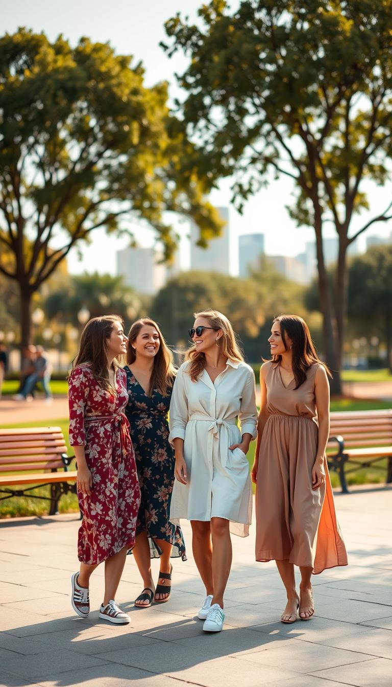 A stylish outdoor scene showcasing chic women's everyday casual dress outfits. In the foreground, a diverse group of women in trendy, modest casual dresses—one wearing a floral wrap dress, another in a relaxed linen shirt dress, and a third in a chic midi dress with sneakers. They are laughing and interacting, exuding confidence and comfort. The middle ground features a sun-drenched park with trees and benches, creating a vibrant atmosphere. In the background, distant city buildings softly blurred to keep the focus on the outfits. The lighting is warm and natural, reminiscent of a late afternoon sun, enhancing the colors and textures of the clothing. The mood is joyful and carefree, inspiring the viewer with fashionable, everyday outfit ideas.