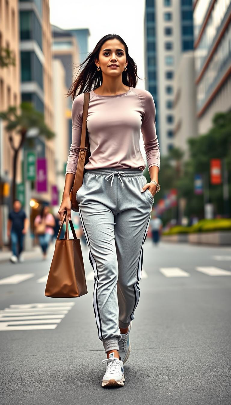 A stylish woman confidently walks along a bustling city street, showcasing an everyday athleisure set consisting of a matching top and joggers. The outfit features a sleek, fitted long-sleeve top in a soft pastel color and comfortable, trendy joggers with a drawstring waist and stylish side stripes. In the foreground, the woman carries a fashionable tote bag and sports chic sneakers, emphasizing comfort and mobility. The middle background reveals a vibrant urban landscape, with modern buildings and greenery, creating a dynamic atmosphere. Soft, natural lighting highlights the outfit's textures, while a slight depth of field blurs the background, keeping the focus on the chic ensemble. The overall mood is vibrant, energetic, and empowering, ideal for everyday wear while on the go.
