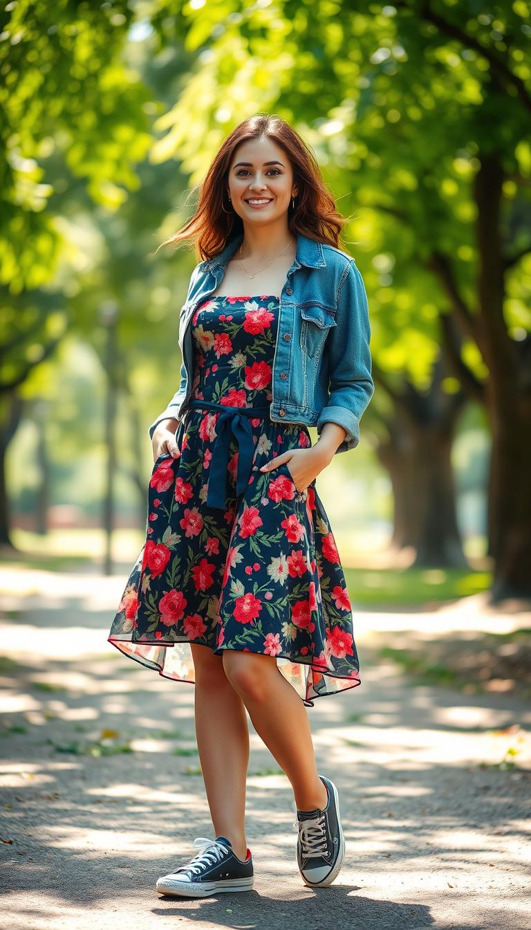 A stylish woman stands confidently in a cute casual dress featuring a vibrant floral pattern, paired with a classic denim jacket for a trendy touch. The scene captures her from the waist up, showcasing the dress's fitted waist and flowy skirt that gently sways with her relaxed pose. Sunlight filters through lush green trees in the background, creating a warm, inviting glow that highlights her outfit. She's accessorized with a simple necklace and a pair of stylish sneakers, projecting a comfortable yet chic vibe. The focus on her outfit reflects a balanced blend of comfort and fashion. The setting is a bright outdoor park, evoking a lively and carefree atmosphere, with soft bokeh effects accentuating the background.