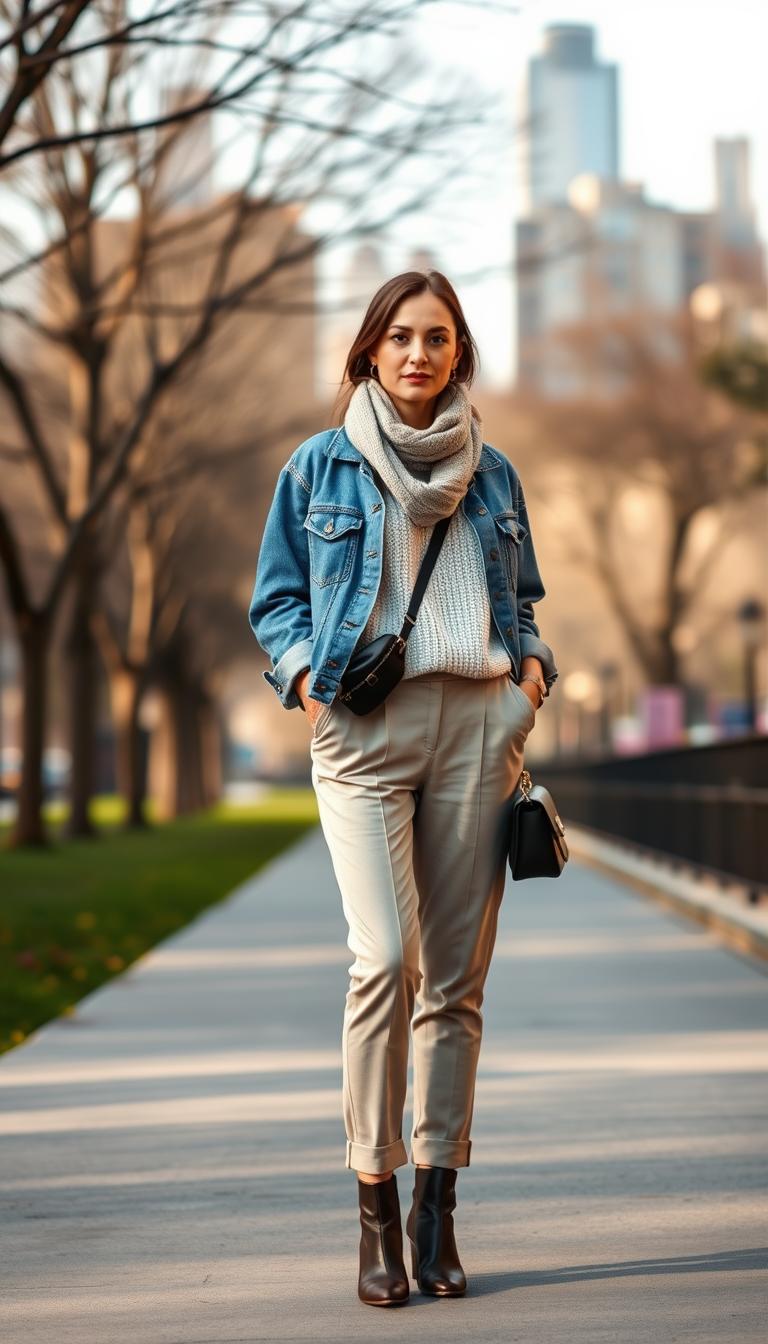 A stylish woman stands confidently in the foreground, showcasing a layered casual outfit ideal for everyday wear. She wears a lightweight denim jacket over a cozy, oversized knit sweater, paired with tailored, high-waisted trousers and ankle boots. Her accessories include a simple scarf and a crossbody bag, adding a touch of elegance. The middle ground features a soft, blurred urban park scene with trees and a pathway, hinting at a bright day. The background includes a sunlit, blurred cityscape with buildings, creating a vibrant urban atmosphere. The lighting is warm and inviting, casting gentle shadows, and the angle is slightly elevated, capturing the outfit details and the confident stance of the model. The mood is relaxed yet chic, perfect for inspiring casual looks.