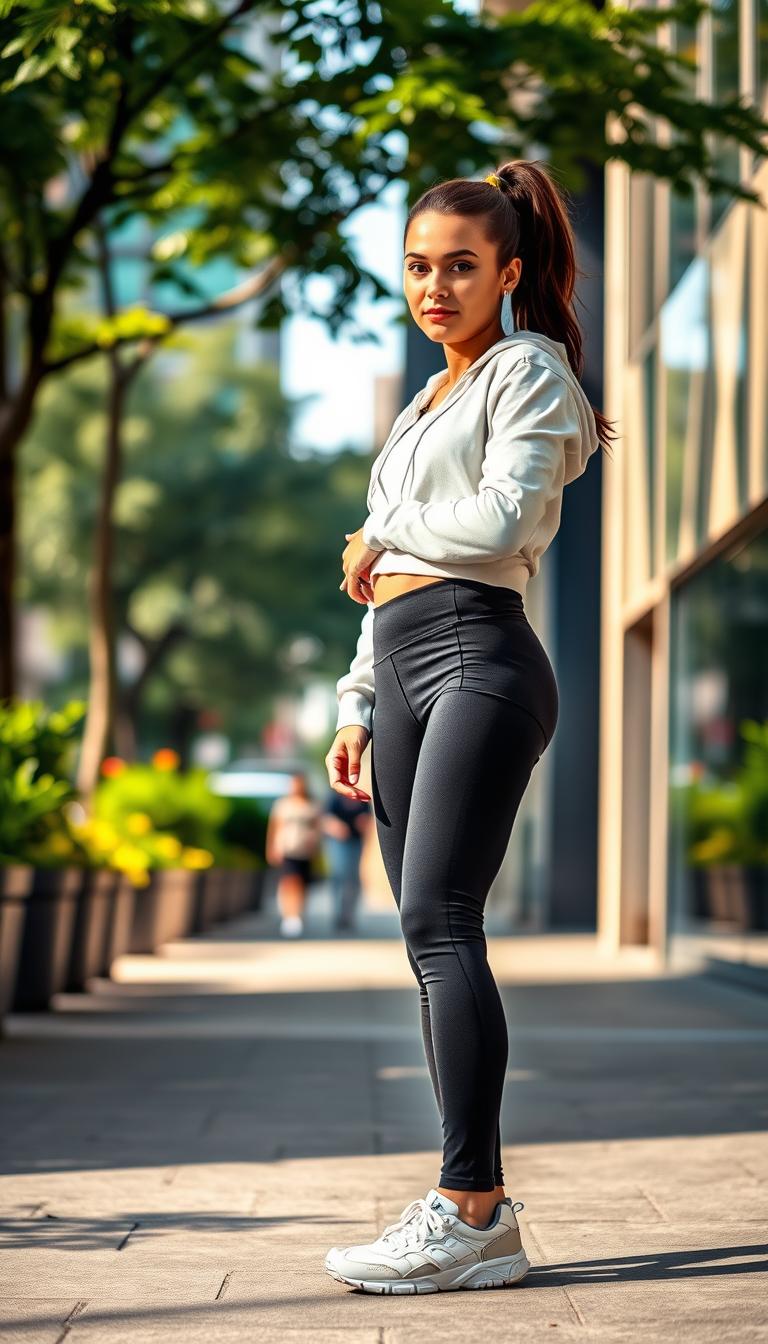 A stylish young woman standing confidently in a trendy urban environment, showcasing chic athleisure styles. She wears a fitted, high-waisted black legging paired with a sleek, cropped white hoodie, complemented by stylish sneakers. Her hair is pulled back into a neat ponytail, accentuating her fresh and fashionable look. In the background, a vibrant city street is visible, featuring greenery and modern architecture. The scene is illuminated by soft, natural sunlight, creating a warm and inviting atmosphere. The composition captures the energy of a casual day out, framed from a slightly low angle to emphasize the outfit's details and the woman's confident posture, evoking a sense of inspiration and modern elegance in everyday casual wear.