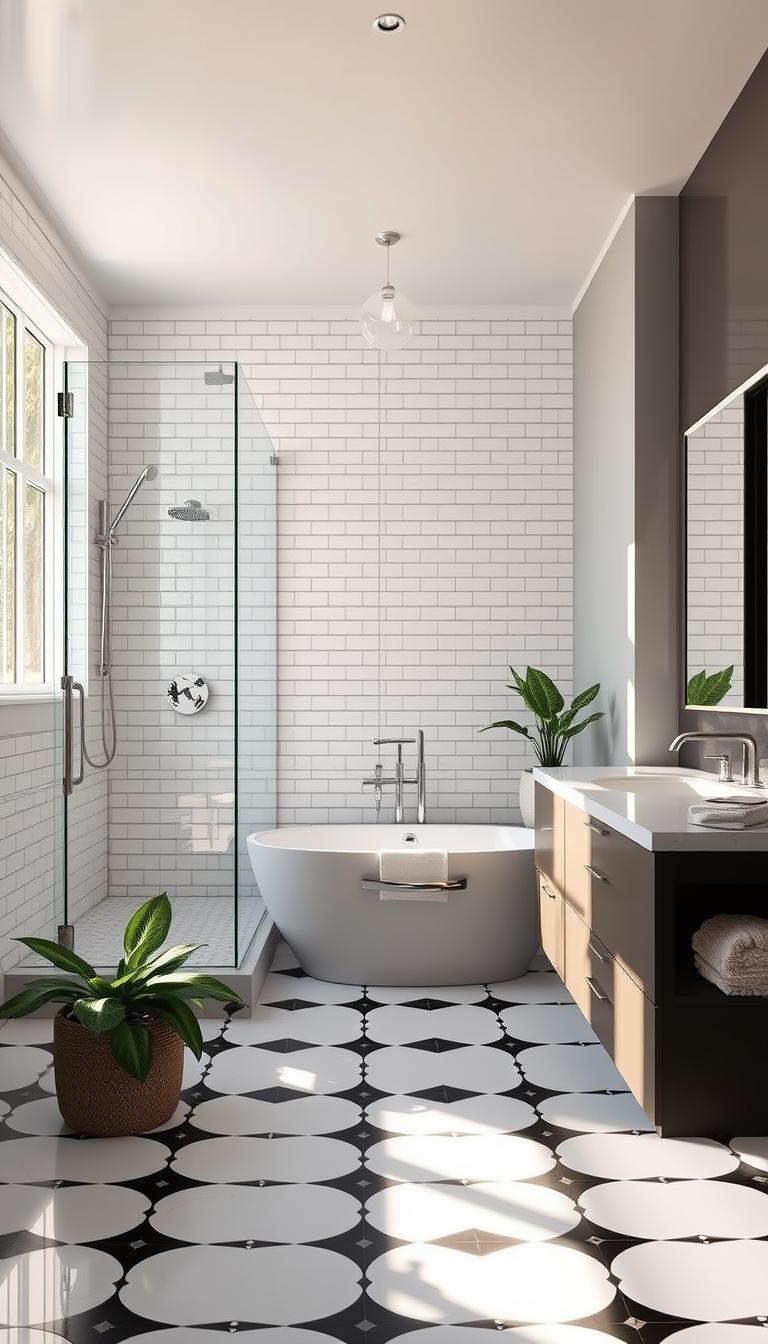 A stylishly renovated bathroom with a modern, minimalist aesthetic. The centerpiece is a large, shimmering glass shower enclosure with sleek chrome fixtures. Sunlight streams through a wide window, casting a warm glow on the crisp, white subway tile walls and the luxurious freestanding bathtub. Elegant black and white patterned floor tiles lead the eye towards a floating vanity with a large, backlit mirror. Lush green plants and plush textiles add a touch of nature and softness. The overall atmosphere is one of calm, spa-like serenity. A stylishly renovated bathroom with a modern, minimalist aesthetic. The centerpiece is a large, shimmering glass shower enclosure with sleek chrome fixtures. Sunlight streams through a wide window, casting a warm glow on the crisp, white subway tile walls and the luxurious freestanding bathtub. Elegant black and white patterned floor tiles lead the eye towards a floating vanity with a large, backlit mirror. Lush green plants and plush textiles add a touch of nature and softness. The overall atmosphere is one of calm, spa-like serenity.