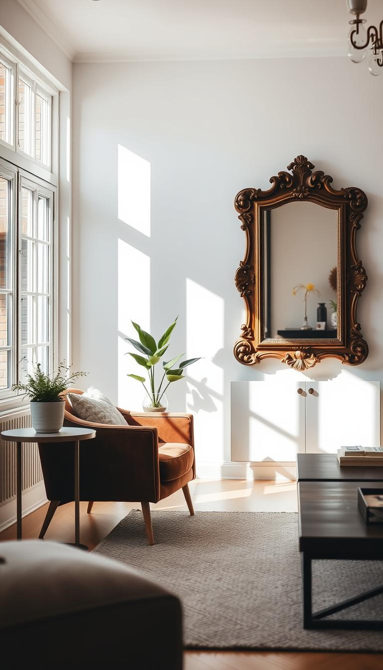 A sun-dappled living room with a focal point of an ornate mirror hanging on the wall, reflecting the natural light and the cozy decor. In the foreground, a plush velvet armchair and a sleek side table with a potted plant create a sense of warmth and sophistication. In the middle ground, a textured rug and a wooden coffee table ground the scene, while the background features minimalist shelving with decorative objects, lending depth and balance to the composition. The overall mood is one of tranquility and refined elegance, inviting the viewer to imagine themselves in this serene and stylish home.