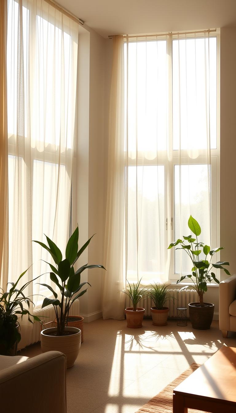 A sun-drenched living room, with large windows that allow natural light to pour in, illuminating the space. Wispy, sheer curtains gently sway, creating a calming, airy ambiance. The room is sparsely furnished, with clean lines and minimal décor, emphasizing the focus on natural elements. A few potted plants and a vase of fresh flowers dot the space, adding pops of vibrant greenery. The warm, inviting glow of the sunlight bathes the room, creating a serene and rejuvenating atmosphere. A sense of openness and tranquility pervades the scene, evoking feelings of relaxation and well-being.