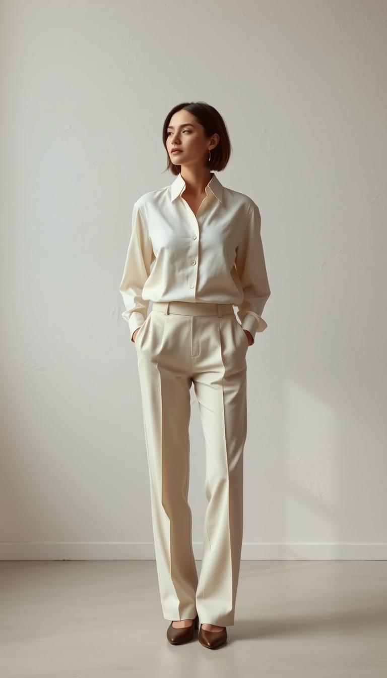 A thoughtfully styled woman stands in a clean, minimalist space, dressed in a monochromatic ensemble of neutral tones. The outfit, a high-collared blouse and straight-leg trousers, exudes understated sophistication. Soft, diffused lighting casts gentle shadows, accentuating the elegant silhouette. The background features a muted, textured wall, creating a serene and refined atmosphere. The overall scene conveys a sense of timeless, effortless style that radiates an air of confidence and composure.