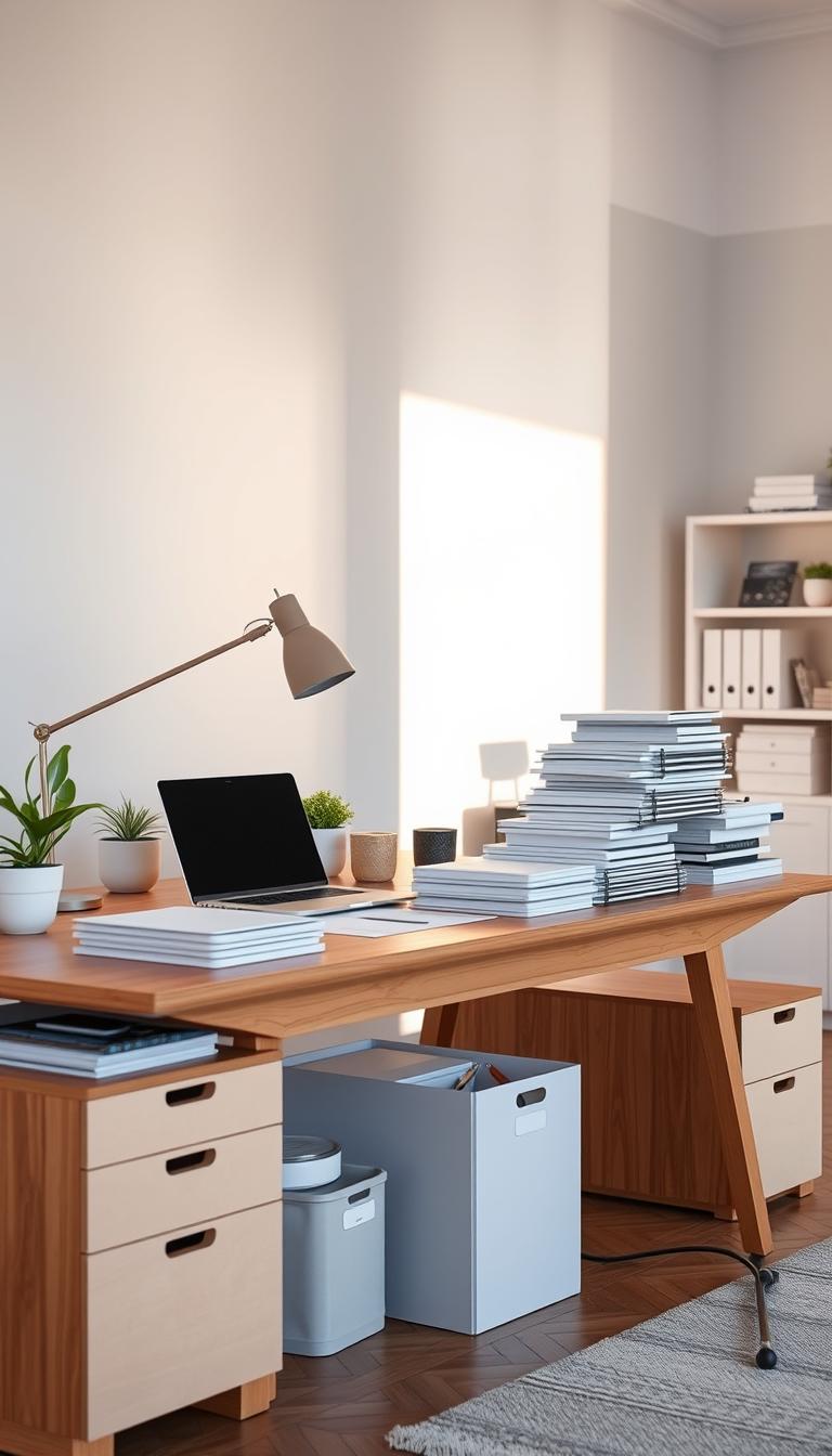 A tidy, well-organized home office with a sleek wooden desk, neatly stacked papers, and carefully labeled storage solutions. The desk is illuminated by soft, natural light from a large window, casting a warm glow over the space. Minimalist decor, including a few potted plants and a modern desk lamp, create a calming, productive atmosphere. Atop the desk, a carefully curated array of office supplies, a laptop, and a stack of organized files sit in perfect harmony. The background features crisp white walls and a hint of a bookshelf, reflecting an efficient, streamlined workspace designed for maximum productivity and efficiency.