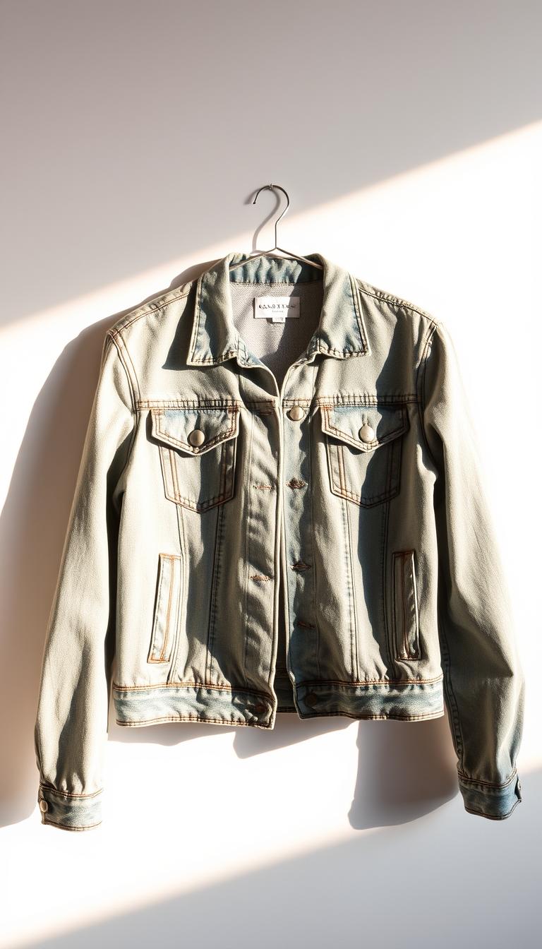 A timeless, classic denim jacket in a flattering, relaxed fit. The jacket is photographed against a clean, white background, illuminated by soft, natural lighting that creates a warm, inviting atmosphere. The denim has a slightly worn, vintage-inspired texture, with subtle fading and distressing that adds character. The jacket is showcased in a straightforward, minimalist composition, allowing the iconic design and quality craftsmanship to take center stage. The overall mood is one of effortless style, timelessness, and enduring appeal.