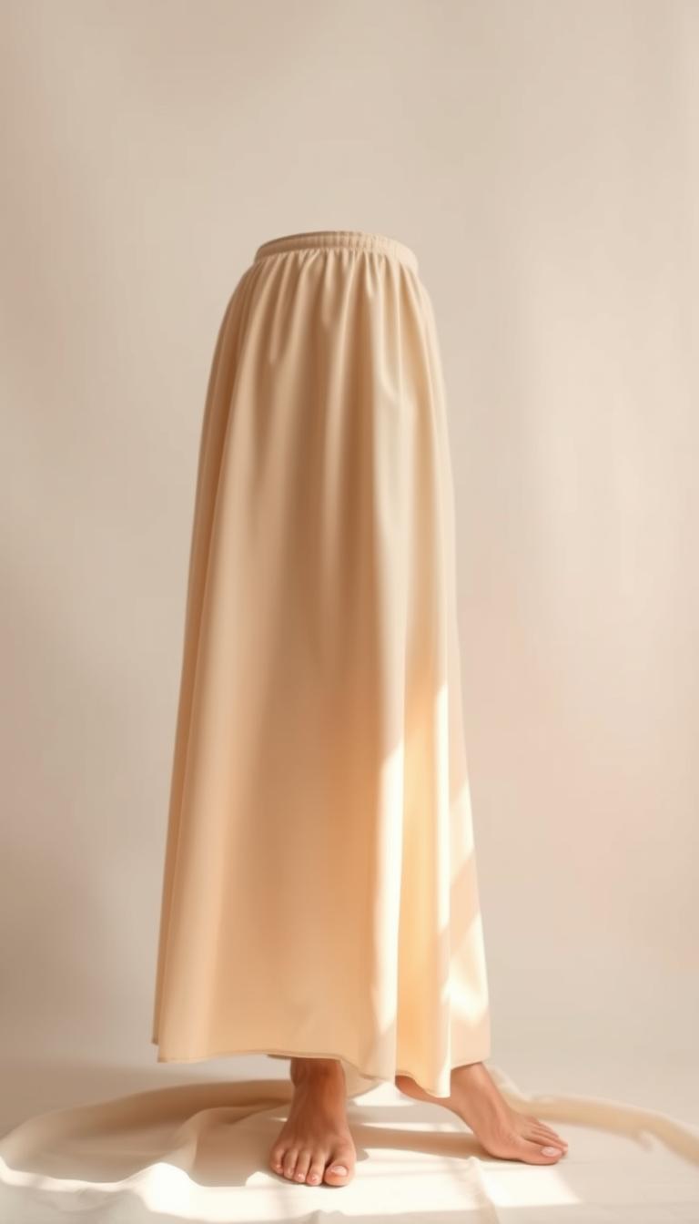 A timeless midi slip skirt in a subtle beige tone, flowing gracefully against a minimalist background. The skirt's delicate satin sheen catches the gentle, warm lighting, creating a soft, romantic atmosphere. In the foreground, the skirt is slightly cinched at the waist, subtly accentuating the figure. The mid-ground features a clean, off-white backdrop, allowing the skirt to be the focal point. Distant, blurred shapes in muted tones of gray and soft cream create a serene, elegant ambiance, evoking a sense of understated sophistication.