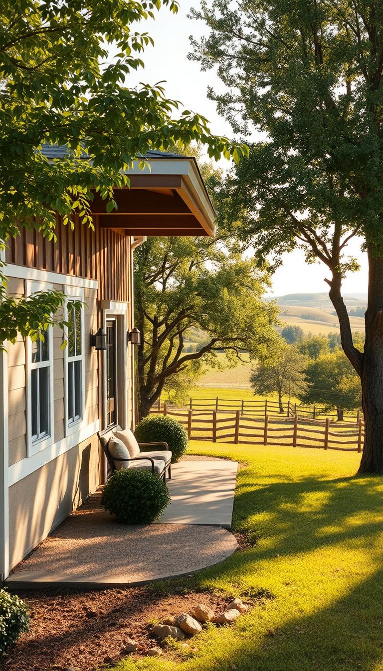 A tranquil farmhouse nestled amidst rolling hills, bathed in warm, natural light. The exterior features weathered wood siding in muted tones of beige and gray, complemented by clean white trim around the windows and doors. A covered porch extends a welcoming embrace, with rustic wooden beams and a simple, neutral-toned seating arrangement. The landscape is dotted with mature trees, their verdant foliage framing the scene. In the distance, a wooden fence winds through the lush, grassy expanse, leading the eye towards a horizon painted in soft, earthy hues. An inviting, serene atmosphere that captures the essence of a modern farmhouse aesthetic.