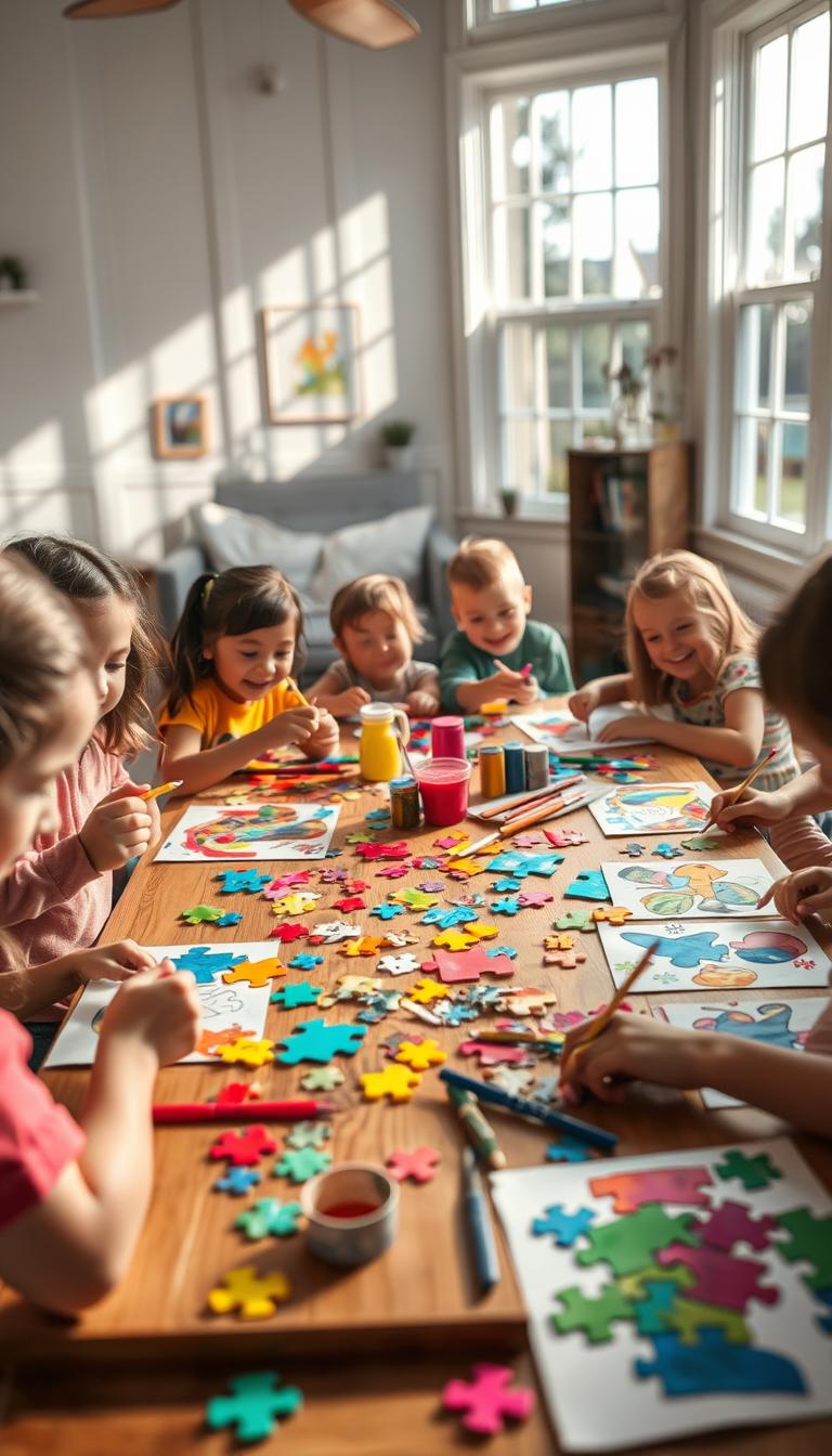 A vibrant and cheerful DIY craft scene focusing on children creating a colorful puzzle piece art collage. In the foreground, a diverse group of children, dressed in casual clothing, joyfully working on their projects, gluing together various painted puzzle pieces in bright colors. In the middle, a large wooden table cluttered with paint, brushes, scissors, and completed collages showcasing imaginative designs. In the background, a well-lit, warm family room filled with natural light streaming through large windows, giving a cozy atmosphere. Soft, playful shadows are cast on the walls, enhancing the fun and creative mood of the scene. The angle is slightly elevated, capturing the children's expressions of concentration and delight as they engage in their art projects.