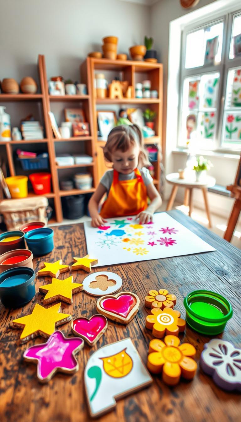 A vibrant and colorful art scene depicting "Potato Stamp Art." In the foreground, a variety of freshly cut potato stamps showcasing different shapes - stars, hearts, and flowers - sit on a wooden table, along with an array of bright, non-toxic inks in small containers. In the middle ground, a child with joyful concentration uses a potato stamp to create colorful patterns on thick white paper, wearing a bright apron. The background features a cozy, well-lit art studio with shelves filled with art supplies, pots of paint, and children's artwork displayed on the walls. Soft natural light streams in through a window, casting gentle shadows and creating a cheerful, inspiring atmosphere full of creativity and fun.
