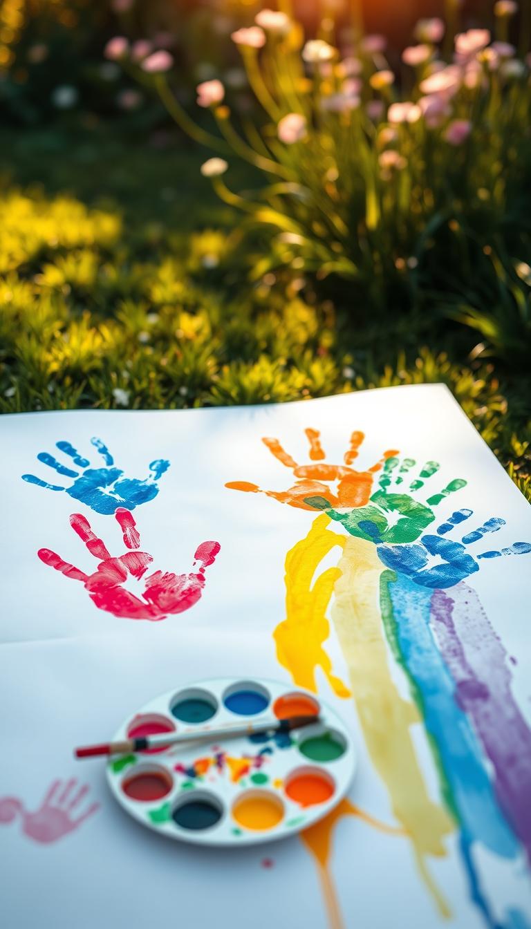 A vibrant and colorful handprint rainbow painting displayed on a large sheet of white paper. The foreground features several cheerful handprints in bright colors, including red, orange, yellow, green, blue, and purple, arranged in an arc to form a rainbow. In the middle ground, a child's small paint palette with splashes of color and paintbrushes lies nearby, evoking creativity and playfulness. The background is a soft, blurred garden scene with green grass and blooming flowers, bathed in warm, natural sunlight. The overall atmosphere is joyful and inspiring, perfect for showcasing a fun kids' art project. The image captures the essence of artistic exploration and the joy of creating colorful art, encouraging young artists to express their creativity.
