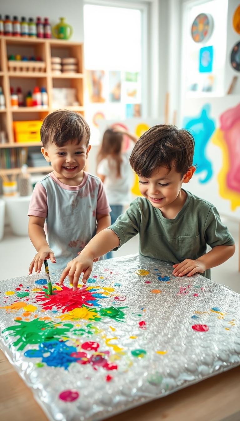 A vibrant and colorful scene showcasing children engaged in bubble wrap painting, with two kids in modest casual clothing exploring their creativity. In the foreground, a child joyfully stamps colorful paint onto a large sheet of bubble wrap, surrounded by paint splatters. The middle-ground features another child experimenting with a brush, creating textured patterns with the bubble wrap on canvas. The background is a bright and cheerful art room filled with various art supplies, such as paint bottles, brushes, and finished artworks. Soft, natural lighting floods the space through a nearby window, creating a warm and inviting atmosphere. The composition captures the fun and excitement of DIY crafts for kids, emphasizing creativity and joy in artistic expression.