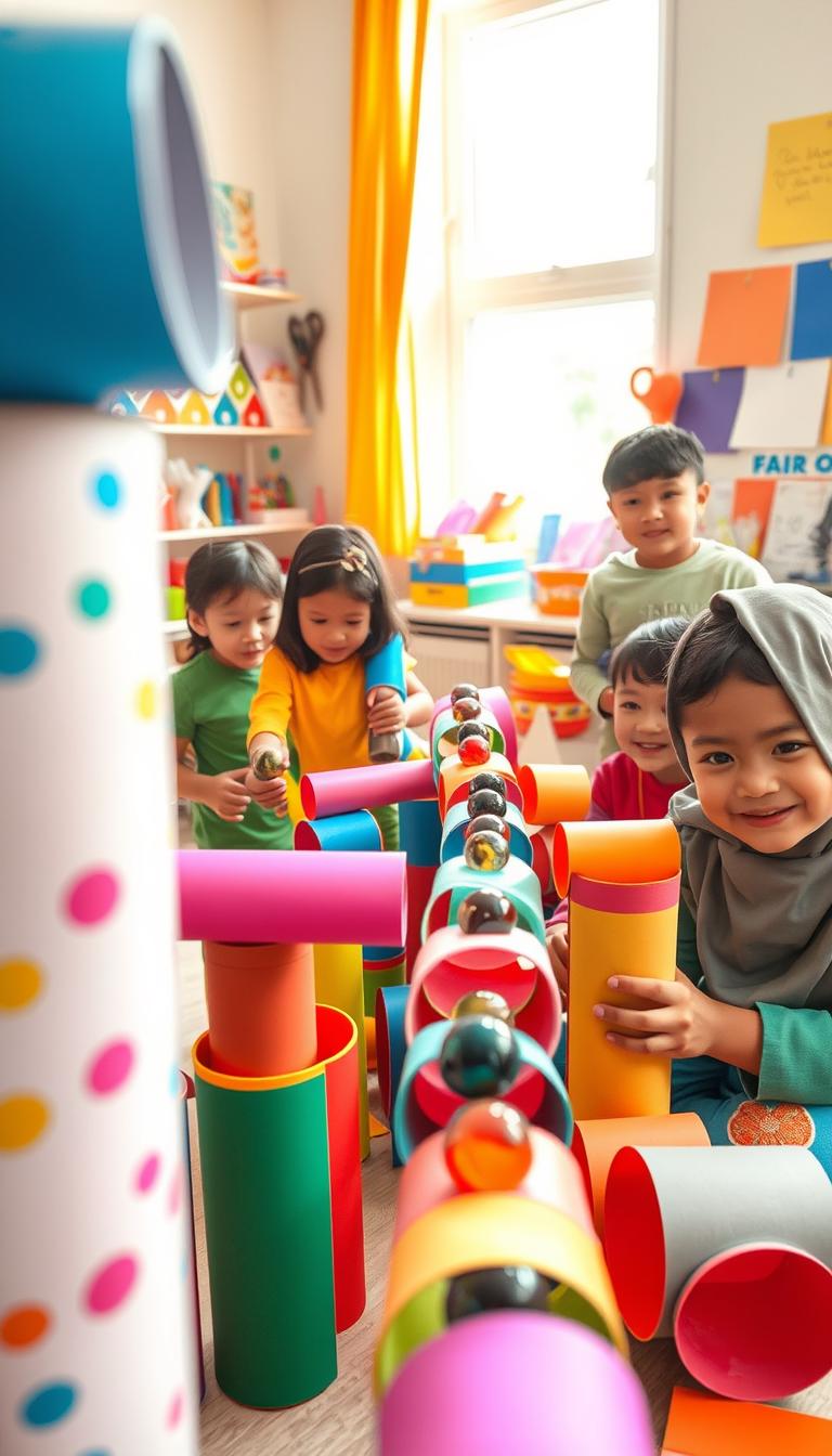 A vibrant and playful scene featuring a DIY paper tube marble run, creatively designed with colorful paper tubes, ramps, and funnels. In the foreground, a group of children, aged around 6 to 10 years, enthusiastically crafting and assembling the marble run, each wearing colorful modest clothing. In the middle, the marble run showcases a variety of angles and twists, with marbles cascading through the structure. The background consists of a bright, well-lit room filled with craft supplies like scissors, glue, and colorful paper, creating a joyful and creative atmosphere. Soft natural light filters through a nearby window, casting gentle shadows and enhancing the cheerful environment. The angle captures both the intricate details of the marble run and the expressions of excitement on the children's faces.