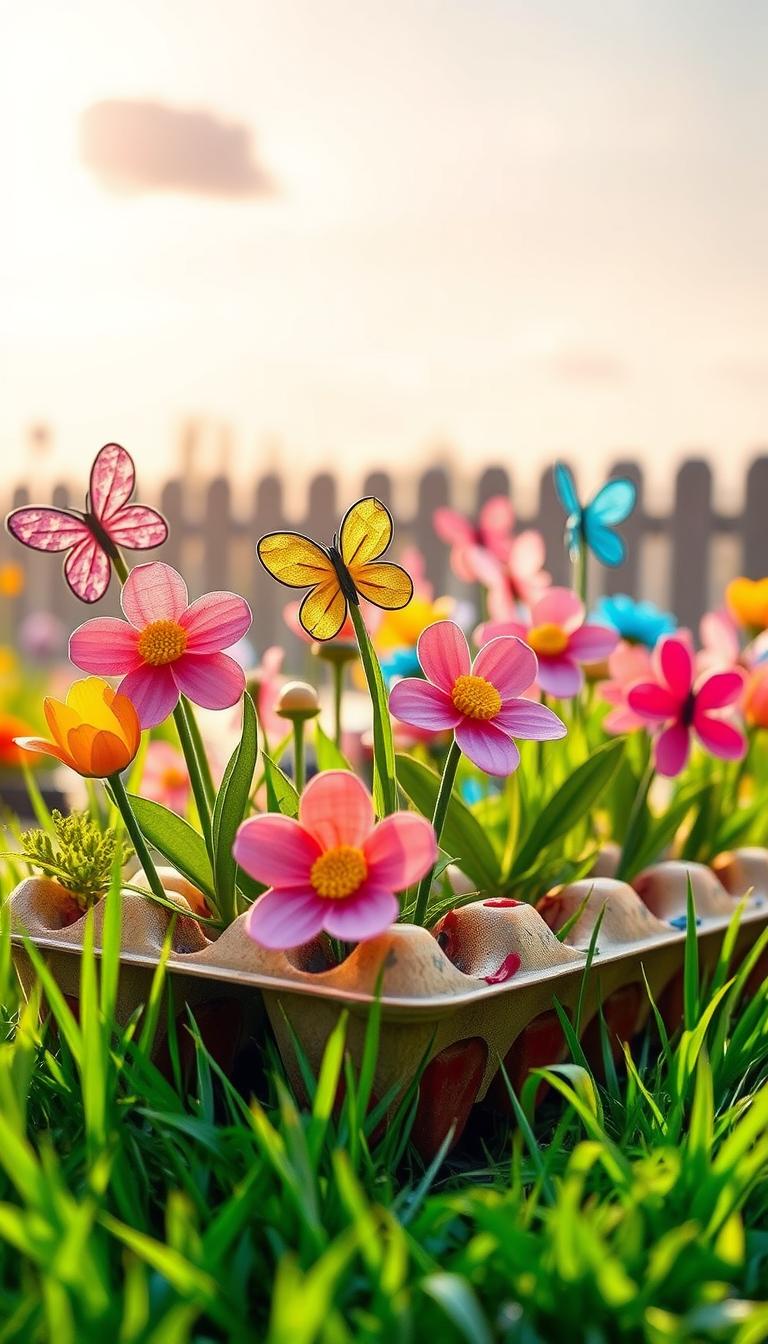A vibrant and whimsical egg carton flower garden, filled with colorful, handcrafted flowers sprouting from a repurposed egg carton. In the foreground, several flowers made from bright paints and textured papers display petals in shades of pink, yellow, and blue, creating a playful and inviting look. The middle ground features lush green grass and playful butterflies fluttering above the flower tops. In the background, a sunny sky with a few soft, fluffy clouds sets a cheerful mood, while gentle sunlight casts warm, golden tones across the scene. The angle is slightly elevated, capturing the creative arrangement of the flowers and the natural elements, evoking a joyful atmosphere perfect for inspiring kids to explore their artistic side.
