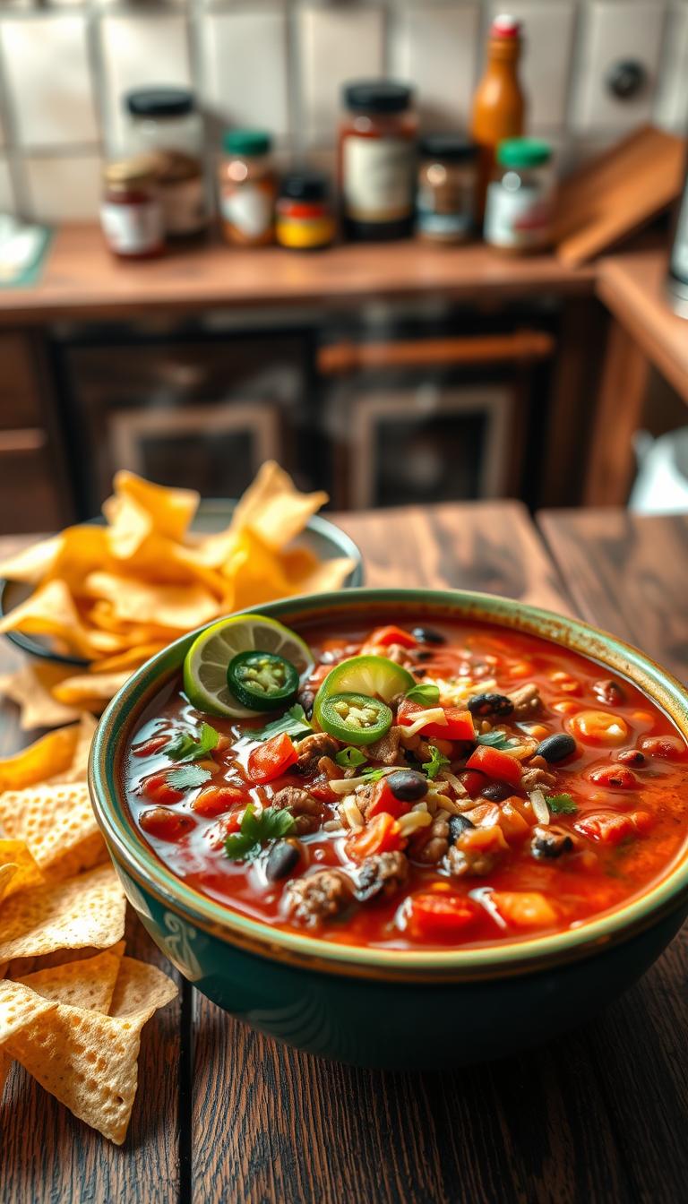A vibrant bowl of beef enchilada soup, steaming and inviting, placed on a rustic wooden table. In the foreground, the bowl features chunks of ground beef, black beans, and bright red tomatoes, garnished with chopped cilantro and a slice of lime. Delicate swirls of cheese and a sprinkle of jalapeños add color and texture. The middle ground showcases a set of colorful tortilla chips arranged artistically around the bowl, hinting at a perfect dip option. In the background, a cozy kitchen with soft, warm lighting creates an inviting atmosphere, with hints of spices organized on a countertop. The angle is slightly overhead, capturing the inviting presentation and rich colors of the ingredients, evoking a sense of comfort and home cooking. A vibrant bowl of beef enchilada soup, steaming and inviting, placed on a rustic wooden table. In the foreground, the bowl features chunks of ground beef, black beans, and bright red tomatoes, garnished with chopped cilantro and a slice of lime. Delicate swirls of cheese and a sprinkle of jalapeños add color and texture. The middle ground showcases a set of colorful tortilla chips arranged artistically around the bowl, hinting at a perfect dip option. In the background, a cozy kitchen with soft, warm lighting creates an inviting atmosphere, with hints of spices organized on a countertop. The angle is slightly overhead, capturing the inviting presentation and rich colors of the ingredients, evoking a sense of comfort and home cooking.