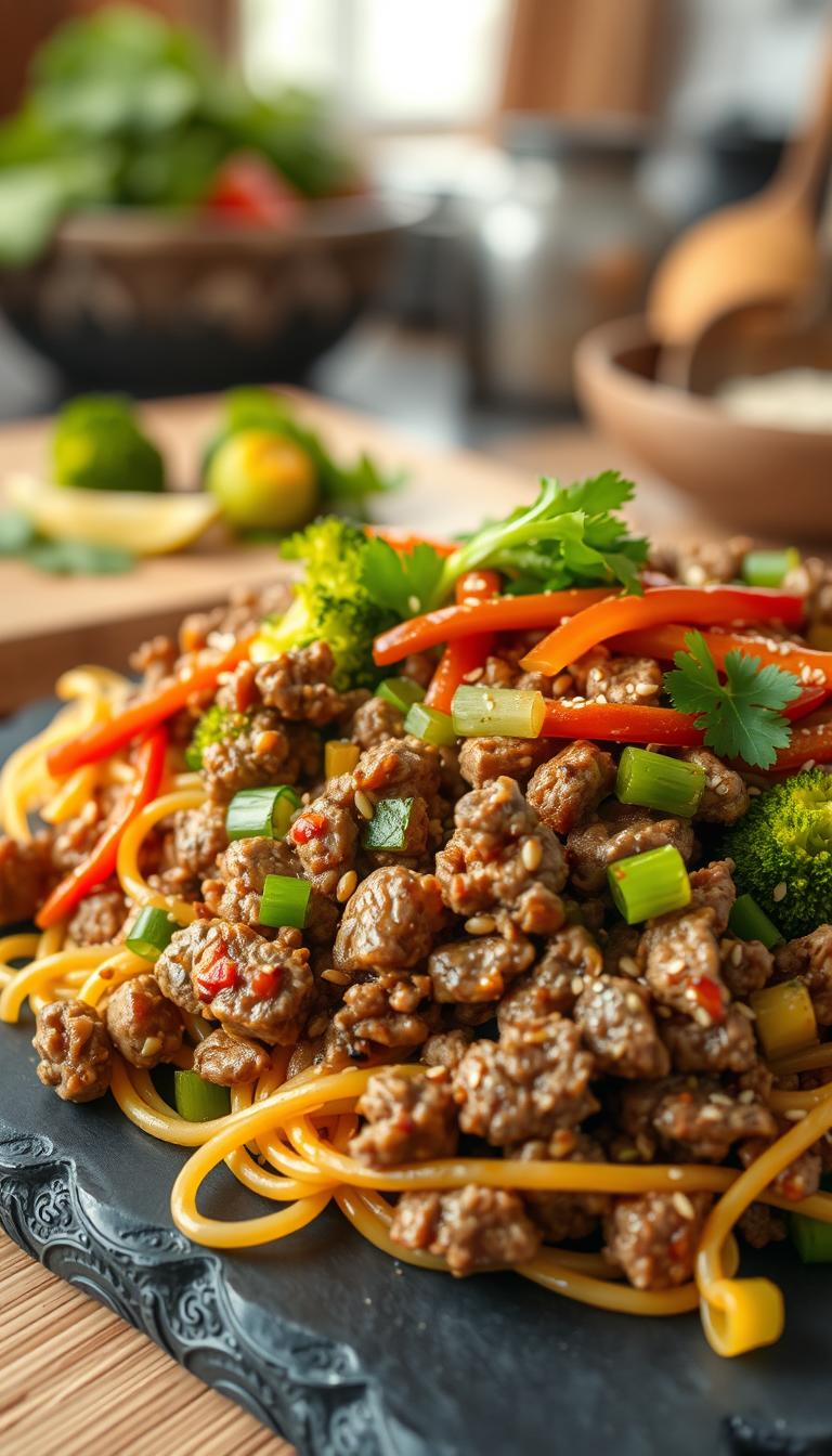 A vibrant, close-up image of a beautifully plated Beef & Broccoli Ramen Stir Fry. In the foreground, showcase succulent ground beef, lightly caramelized, mixed with fresh, crisp broccoli florets, and perfectly cooked ramen noodles. Incorporate colorful, sliced bell peppers and green onions for added visual appeal. The middle ground should feature a wooden or slate serving board, garnished with sesame seeds and cilantro leaves, creating a natural, rustic feel. In the softly blurred background, include a warm, inviting kitchen setting with subtle hints of cooking utensils and ingredients. Use soft, natural lighting to enhance the warmth and freshness of the dish, captured from a slightly elevated angle to highlight the textures and colors, evoking a cozy, appetizing atmosphere. A vibrant, close-up image of a beautifully plated Beef & Broccoli Ramen Stir Fry. In the foreground, showcase succulent ground beef, lightly caramelized, mixed with fresh, crisp broccoli florets, and perfectly cooked ramen noodles. Incorporate colorful, sliced bell peppers and green onions for added visual appeal. The middle ground should feature a wooden or slate serving board, garnished with sesame seeds and cilantro leaves, creating a natural, rustic feel. In the softly blurred background, include a warm, inviting kitchen setting with subtle hints of cooking utensils and ingredients. Use soft, natural lighting to enhance the warmth and freshness of the dish, captured from a slightly elevated angle to highlight the textures and colors, evoking a cozy, appetizing atmosphere.