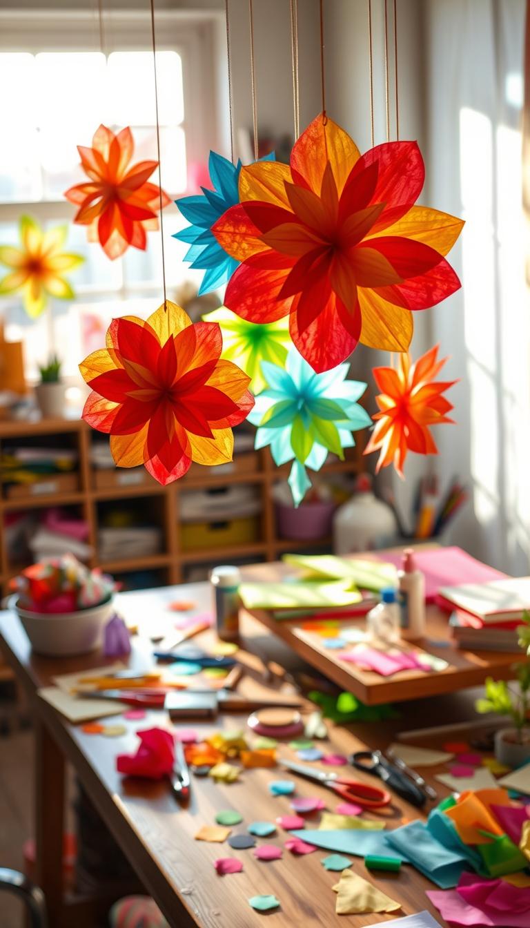 A vibrant, cozy workspace filled with creativity, showcasing several colorful tissue paper sun catchers hanging in a sunlit window. In the foreground, focus on an array of sun catchers made of translucent tissue paper in various bright colors like red, yellow, blue, and green, delicately shaped as flowers and geometric forms. The middle ground features a wooden table scattered with crafting supplies such as scissors, glue, and colorful tissue papers, enhancing the artistic atmosphere. The background shows a soft sunlight filtering through the window, casting playful shadows and illuminating the sun catchers, creating a cheerful and inspiring mood. Capture a warm, inviting ambiance, emphasizing the joy of artistic expression.