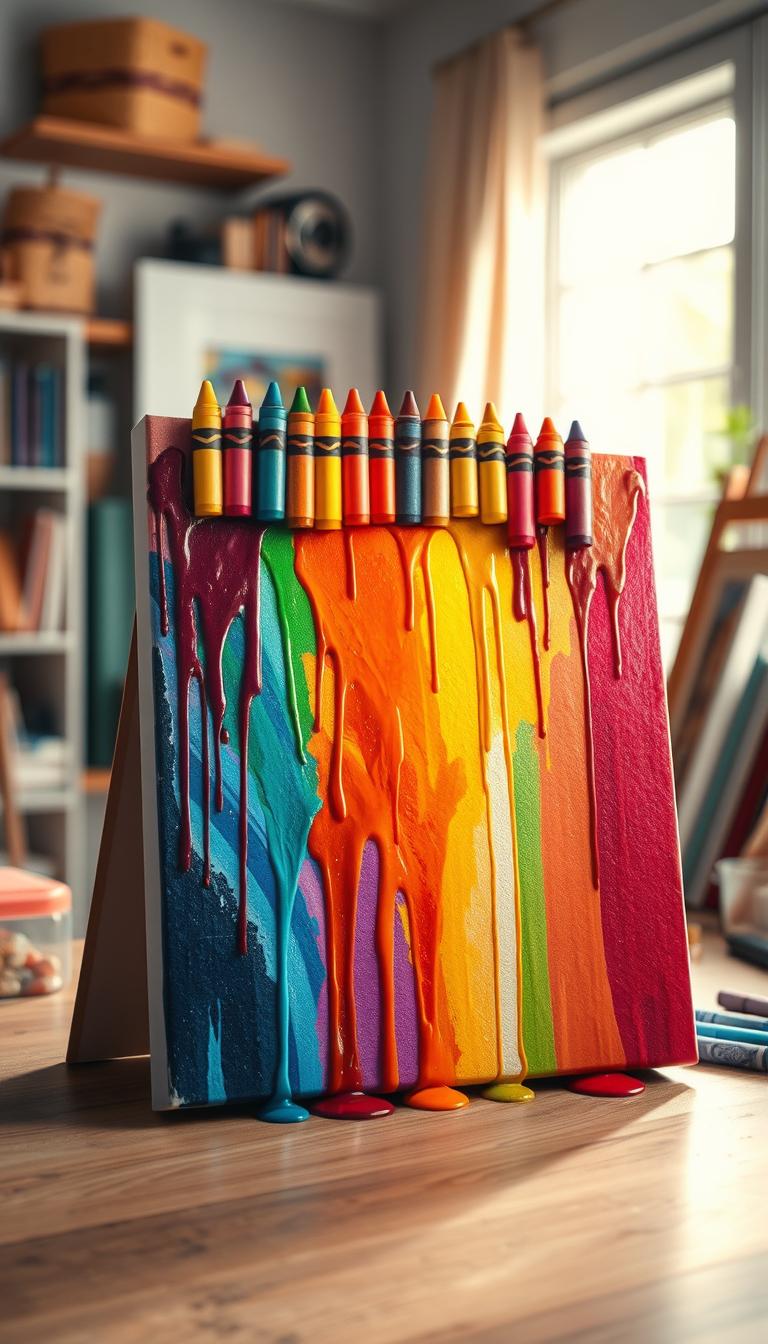 A vibrant, eye-catching crayon melt canvas art piece as the central focus, showcasing an explosion of colors blending seamlessly together. In the foreground, vibrant crayons in warm and cool hues are positioned at the top of the canvas, some partially melted and dripping down in a gradient effect, creating dynamic patterns of color. The middle ground features the canvas itself, displaying the art with a glossy finish and reflecting light. In the background, a softly blurred art studio setting with natural light streaming through a window, casting a warm glow, enhances the creative atmosphere. The overall mood is playful and inspiring, inviting viewers to appreciate the beauty of simple art projects. The composition is shot at an overhead angle to capture the full extent of the artwork's colors and textures, without any text or additional elements.