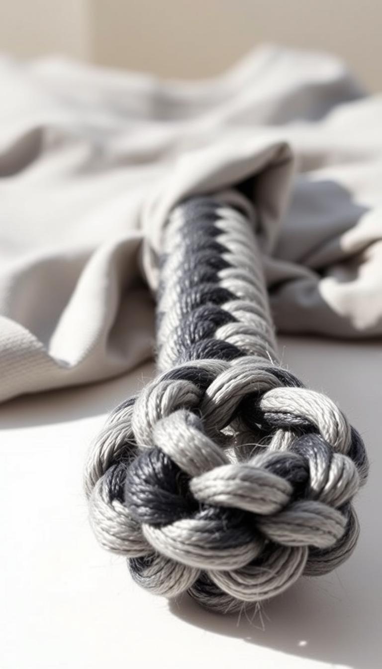 A vibrant, handcrafted dog toy made from a repurposed t-shirt. In the foreground, a coiled, braided rope in shades of gray and black, its strands intertwined with care. The braiding is tight and sturdy, inviting playful chewing. The midground features the t-shirt material, its soft cotton texture visible, in a neutral color that complements the rope. Soft, diffused lighting illuminates the scene, casting gentle shadows that add depth and dimension. The background is blurred, keeping the focus on the tactile, homemade quality of the DIY toy. An image that captures the creativity and practicality of transforming a household item into an engaging, durable plaything for a beloved canine companion.