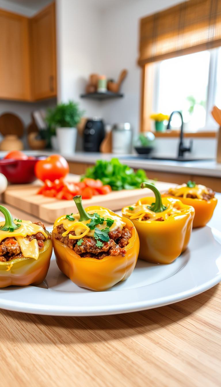 A vibrant kitchen scene showcasing a plate of Beef & Cheddar Stuffed Peppers as the focal point in the foreground. The peppers are bright and colorful, stuffed generously with seasoned ground beef and melted cheddar cheese, garnished with fresh herbs. In the middle, a cutting board displays additional cooking ingredients like diced tomatoes and fresh cilantro. The background features warm kitchen decor and soft, natural lighting from a window, casting gentle shadows that create a cozy atmosphere. The lens captures the rich textures of the food in sharp detail while maintaining a slightly blurred background to emphasize the stuffed peppers. The overall mood is inviting and appetizing, perfect for a home-cooked meal setting. A vibrant kitchen scene showcasing a plate of Beef & Cheddar Stuffed Peppers as the focal point in the foreground. The peppers are bright and colorful, stuffed generously with seasoned ground beef and melted cheddar cheese, garnished with fresh herbs. In the middle, a cutting board displays additional cooking ingredients like diced tomatoes and fresh cilantro. The background features warm kitchen decor and soft, natural lighting from a window, casting gentle shadows that create a cozy atmosphere. The lens captures the rich textures of the food in sharp detail while maintaining a slightly blurred background to emphasize the stuffed peppers. The overall mood is inviting and appetizing, perfect for a home-cooked meal setting.