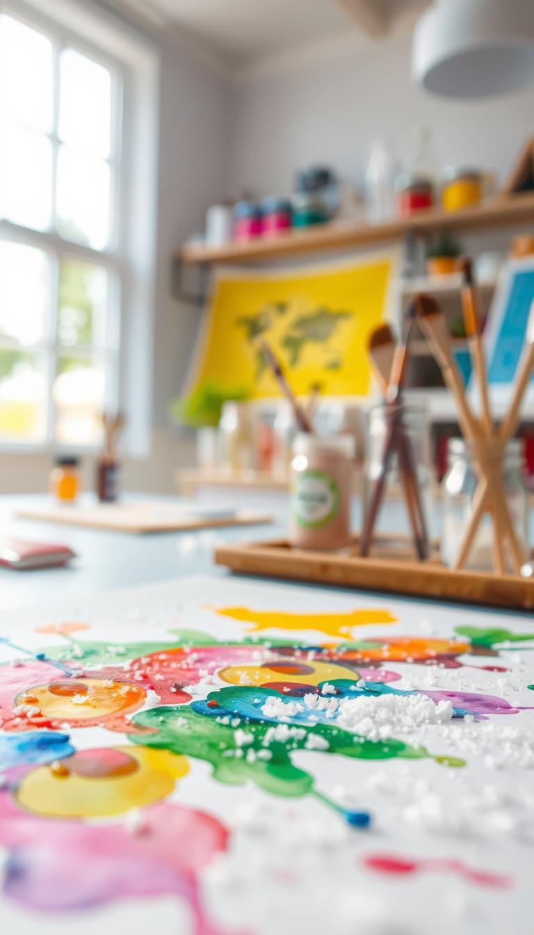 A vibrant watercolor painting showcasing the salt painting technique, with a colorful and abstract design in the foreground. The middle ground features delicate grains of salt scattered over the wet watercolor, causing stunning texture and unexpected patterns to form. In the background, a sunny art room filled with soft, natural light filtering through large windows, illuminating whimsical art supplies like brushes and jars of paint. The atmosphere evokes creativity and inspiration, inviting children to explore their artistic talents. The scene is captured with a soft focus lens to emphasize the beauty of the colors and textures, creating a warm, inviting mood perfect for young artists. No captions or text overlay in the image.