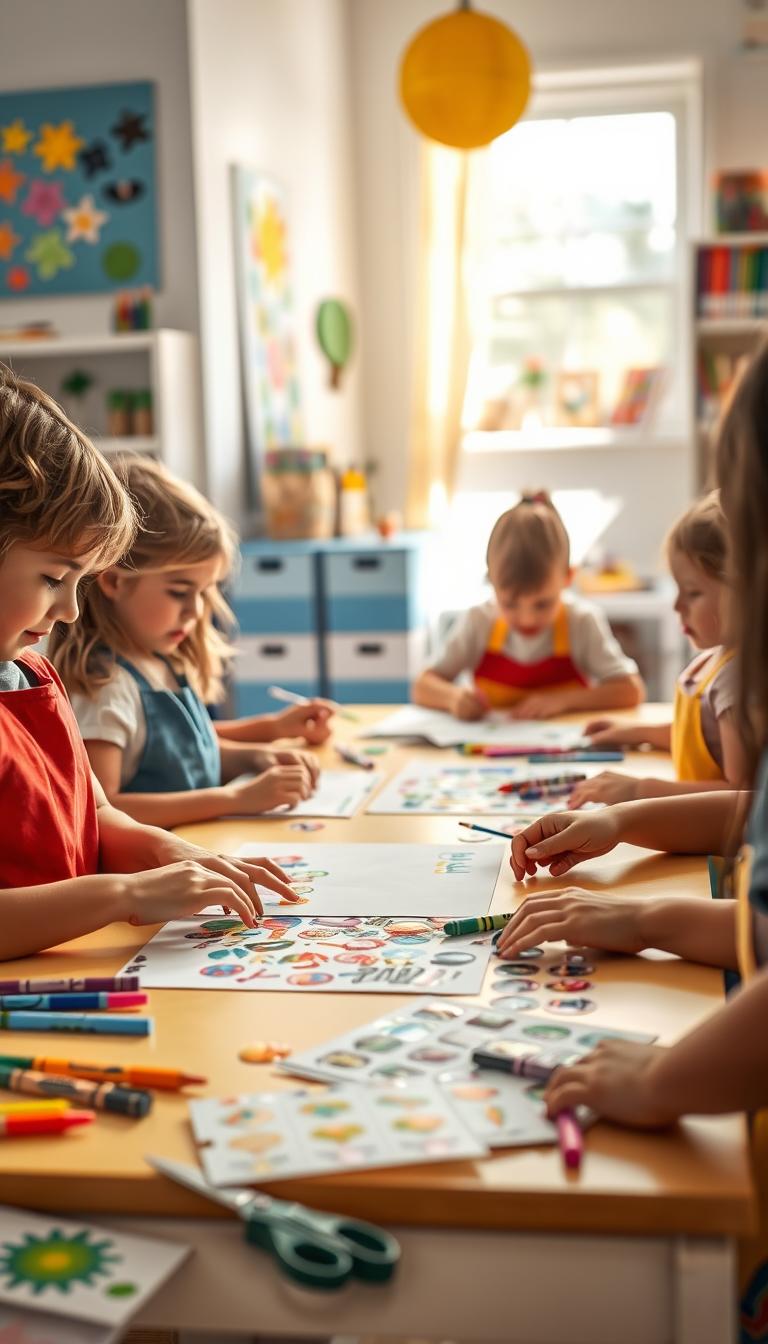 A vibrant, well-lit scene showcasing children engaged in "Sticker Story Scenes" crafts on a cheerful, sunlit table. In the foreground, a diverse group of children, aged 5-10, focused on their projects, wearing colorful aprons and casual clothes. One child enthusiastically arranges a collection of colorful stickers on a blank background, while another adds embellishments with crayons. In the middle ground, various crafting supplies like scissors, glue sticks, and sticker sheets are scattered across the table, creating an inviting crafting atmosphere. The background features a softly blurred, bright room adorned with playful wall art and shelves filled with art supplies, illuminating a joyful and creative mood. The lighting is warm and natural, creating a cozy ambiance perfect for creativity.