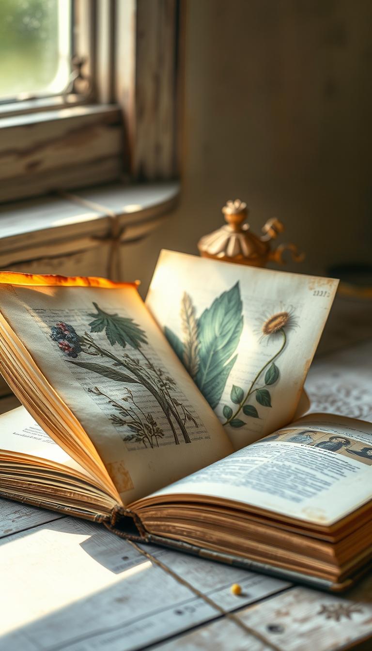 A vintage-style book page art piece, showcasing a meticulously aged and distressed hardcover book with its pages delicately arranged. The foreground features the open book, its pages spread apart to reveal intricate floral illustrations or a collage of antique botanical prints, pressed leaves, and dried flowers. The middle ground includes a rustic wooden surface, perhaps a weathered tabletop or a worn windowsill, providing a natural backdrop for the book. The lighting is soft and diffused, creating a warm, nostalgic atmosphere, as if captured by a sunbeam filtering through a dusty window. The composition is balanced and visually appealing, evoking a sense of timeless elegance and a love for the written word.