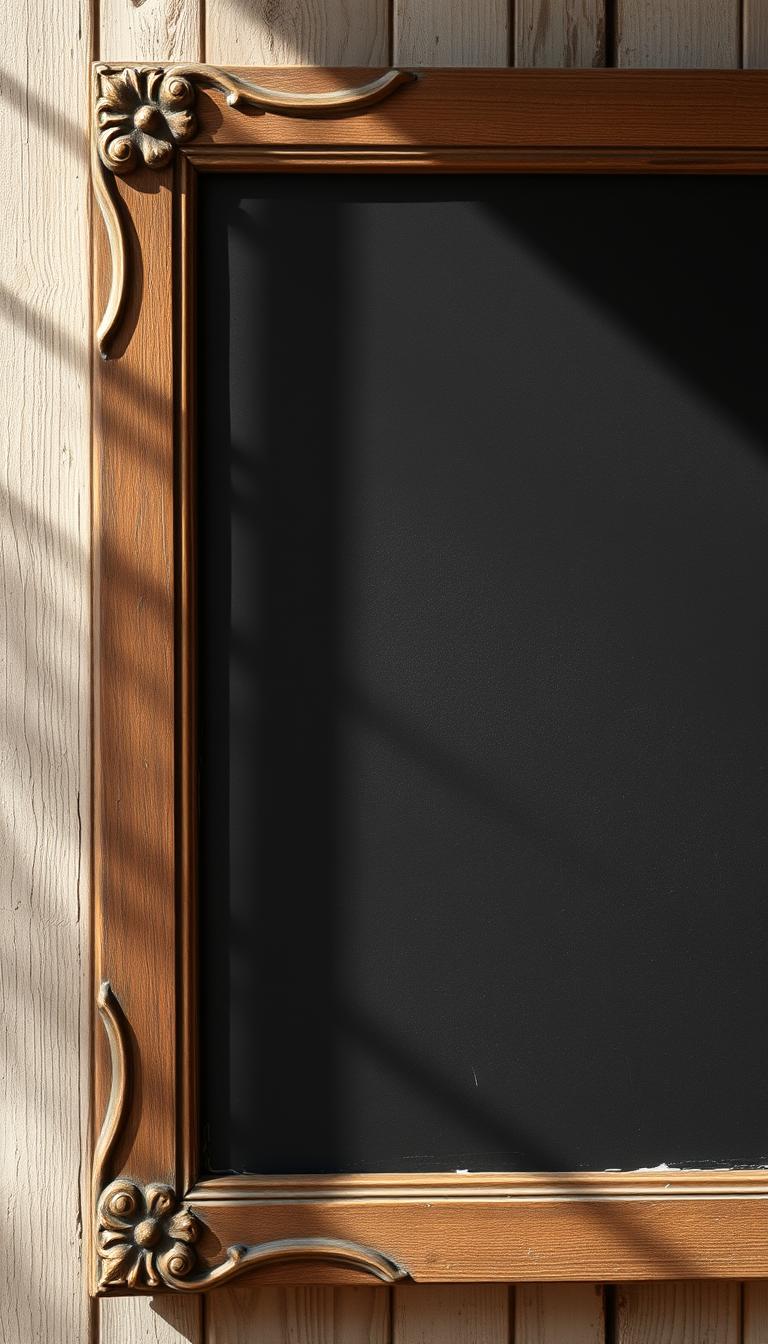 A vintage wooden frame in a rustic, weathered finish, its corners adorned with ornate carvings. The frame surrounds a matte black chalkboard surface, its edges lightly distressed to complement the aged aesthetic. Soft, natural lighting filters in, casting gentle shadows and highlights across the textured surfaces. The overall mood is one of timeless charm and effortless style, evoking a sense of nostalgia and the charm of repurposed decor.