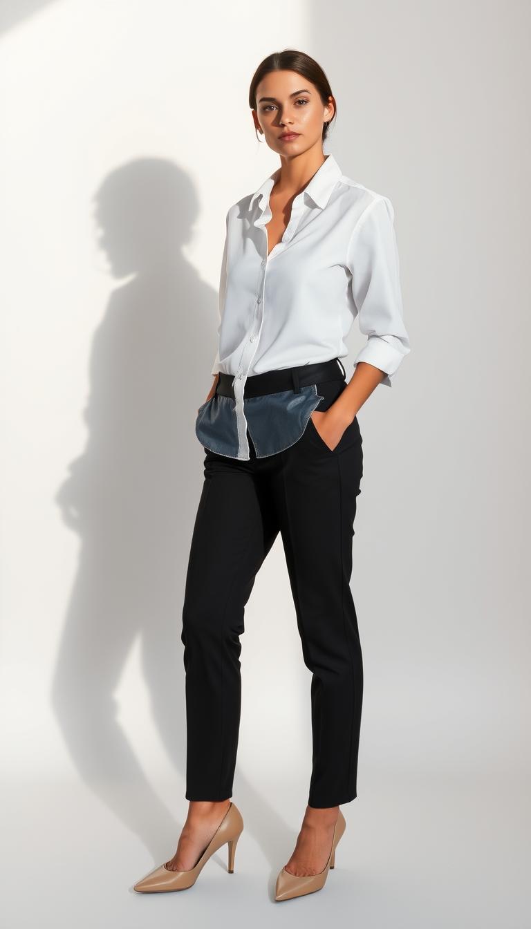 A well-fitting, classic white button-down shirt, tailored black trousers, and sleek nude pumps are the epitome of timeless chic. Soft, diffuse natural lighting accentuates the garments' quality and fit, casting subtle shadows that highlight the silhouette. The model stands confidently, her posture projecting an air of effortless sophistication. The background is a simple, minimalist setting, allowing the focus to remain on the impeccably styled outfit. This image captures the essence of how basic, well-executed wardrobe essentials can elevate one's style and convey an expensive, polished appearance.