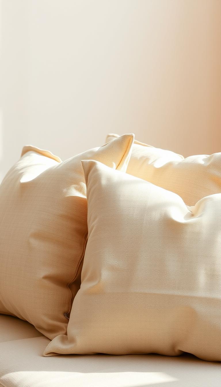 A well-lit, airy scene featuring a set of neutral-toned linen throw pillows artfully arranged on a natural linen couch or chair. The pillows have a soft, textured appearance, with subtle variations in shades of beige, cream, and taupe. The lighting is warm and diffuse, creating a serene, calming atmosphere. The camera captures the pillows from a slightly elevated angle, showcasing their inviting, plush forms and highlighting the natural, understated beauty of the linen fabric. The background is minimalist, with muted tones and clean, modern lines to keep the focus on the pillows as the star of the scene.