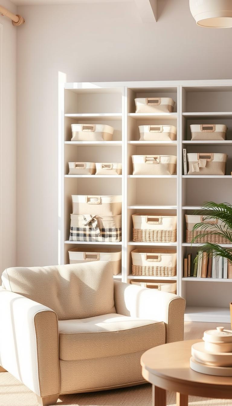 A well-lit and airy living room scene with a bookshelf in the background, featuring a collection of foldable fabric baskets in neutral tones. The baskets are arranged neatly on the shelves, showcasing their versatility and space-saving design. The foreground includes a cozy armchair and a side table, creating a warm and inviting atmosphere. The lighting is soft and natural, casting a gentle glow throughout the room. The overall mood is one of organization, simplicity, and a touch of rustic charm.