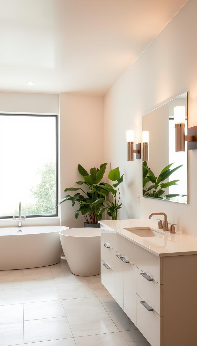 A well-lit bathroom with a modern, minimalist design. Overhead lighting casts a warm glow, complemented by sleek wall sconces that illuminate the vanity area. The vanity features a large mirror, crisp white countertop, and metallic fixtures. In the background, a freestanding bathtub is nestled beneath a large window, allowing natural light to flood the space. Lush, potted greenery adds a touch of life and organic elegance. The tile floor is a neutral, clean-lined pattern that ties the room together. An overall sense of serenity and sophistication permeates the scene. A well-lit bathroom with a modern, minimalist design. Overhead lighting casts a warm glow, complemented by sleek wall sconces that illuminate the vanity area. The vanity features a large mirror, crisp white countertop, and metallic fixtures. In the background, a freestanding bathtub is nestled beneath a large window, allowing natural light to flood the space. Lush, potted greenery adds a touch of life and organic elegance. The tile floor is a neutral, clean-lined pattern that ties the room together. An overall sense of serenity and sophistication permeates the scene.
