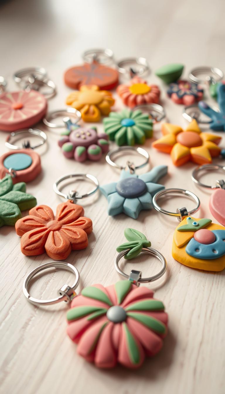 A well-lit, close-up shot of an assortment of handcrafted clay keychains in various vibrant colors and shapes, such as geometric patterns, nature-inspired designs, and abstract forms. The keychains are arranged on a clean, minimalist surface, possibly a wooden table or a neutral-colored backdrop, to allow the texture and details of the clay to shine. The lighting is soft and diffused, creating a warm, inviting atmosphere that highlights the unique character of each individual keychain. The overall composition emphasizes the creativity, craftsmanship, and tactile quality of these DIY clay projects.