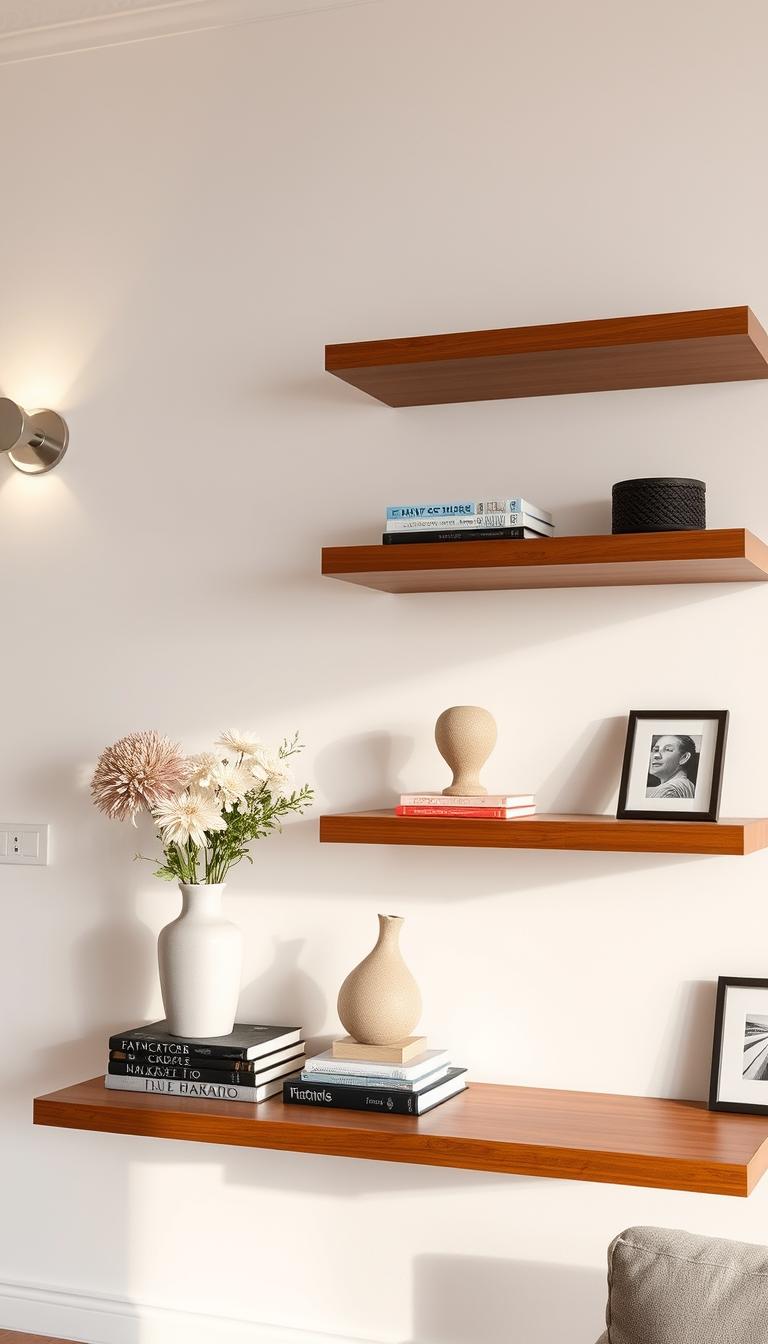 A well-lit, contemporary living room interior with a floating wooden shelving unit along the wall. On the shelves, an artful arrangement of decorative objects - a vase of fresh flowers, a stack of hardcover books, a ceramic sculpture, and a few framed artworks placed at varying depths to create visual interest. Gentle side lighting from sconces highlights the textures and layers. The overall mood is one of tasteful, minimalist sophistication.