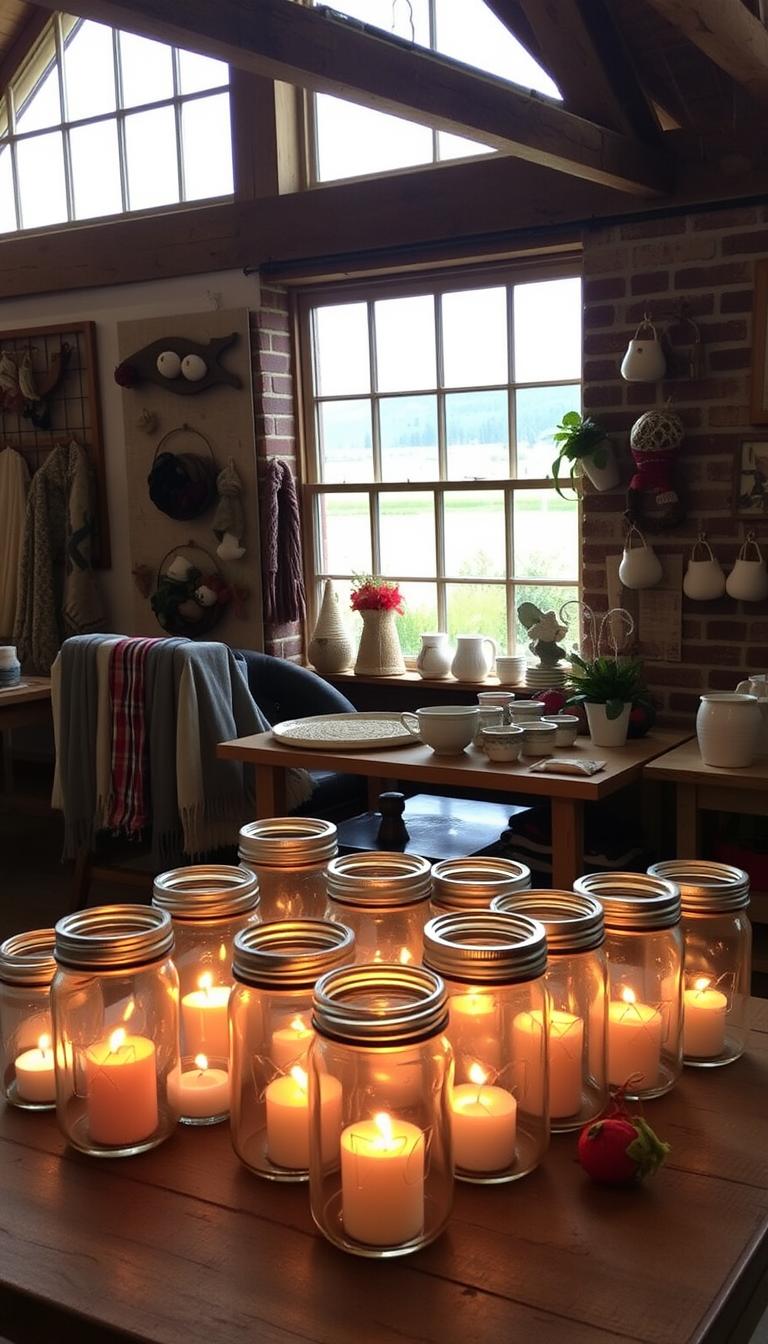 A well-lit, cozy scene featuring an assortment of handcrafted mason jar lanterns in the foreground, arranged on a rustic wooden table. The jars are filled with warm candlelight, casting a soft, inviting glow across the frame. In the middle ground, various other homemade gifts are displayed, such as knitted scarves, ceramic mugs, and decorative wall hangings. The background showcases a charming country-style setting, with wooden beams, exposed brick, and a window overlooking a serene outdoor landscape. The overall atmosphere is one of creativity, coziness, and the joy of personalized, handmade presents for any occasion.